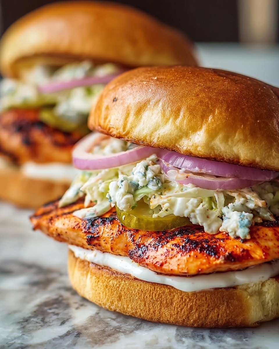 The image shows a close-up of a chicken sandwich with a golden-brown toasted bun on top and bottom. The bottom bun is spread with white creamy sauce, followed by a thick, juicy grilled chicken breast with a reddish-brown char. On top of the chicken is a light green creamy coleslaw mixed with small bits of blue cheese. Above the coleslaw are thin slices of purple onion, a red tomato slice, and green pickles, all under the top bun. There is another similar sandwich blurred in the background. The sandwiches are placed on a surface that has a white marbled texture. Photo taken with an iphone --ar 4:5 --v 7