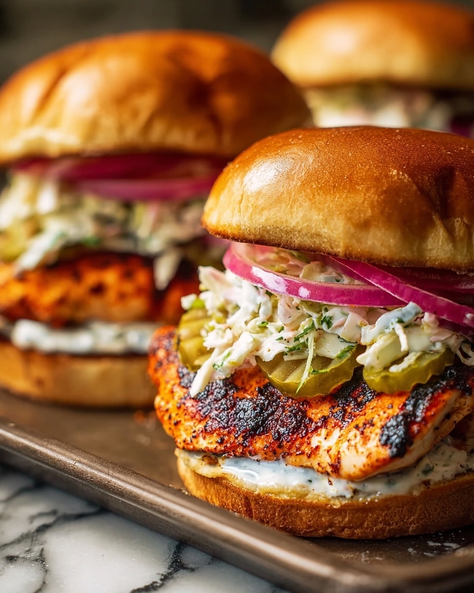 Two grilled chicken sandwiches are seen on a dark tray, with the front sandwich in clear focus. Each sandwich has five layers starting from the bottom: the soft, toasted bun showing a golden-brown color; a spread of creamy white sauce; a bright orange grilled chicken breast with char marks; a layer of fresh coleslaw with creamy white cabbage and some green herbs; and thin slices of red onions, red tomato, and green pickles before being topped with a shiny, golden toasted bun. The background is softly blurred, highlighting the rich textures and colors of the front sandwich against a white marbled texture. Photo taken with an iphone --ar 4:5 --v 7