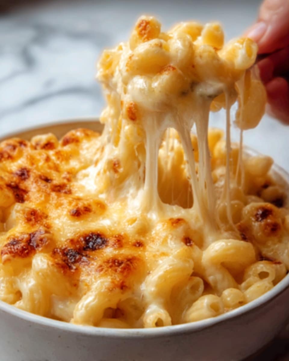 A close-up of a white bowl filled with macaroni and cheese. The dish has a golden-brown top layer of melted and slightly crispy cheese with some darker spots from baking. Below, the cheese sauce is creamy and thick, coating the elbow pasta that is soft and pale yellow. A woman's hand is lifting some macaroni with gooey, stretchy melted cheese pulling away from the bowl. The background is a white marbled surface. Photo taken with an iphone --ar 4:5 --v 7