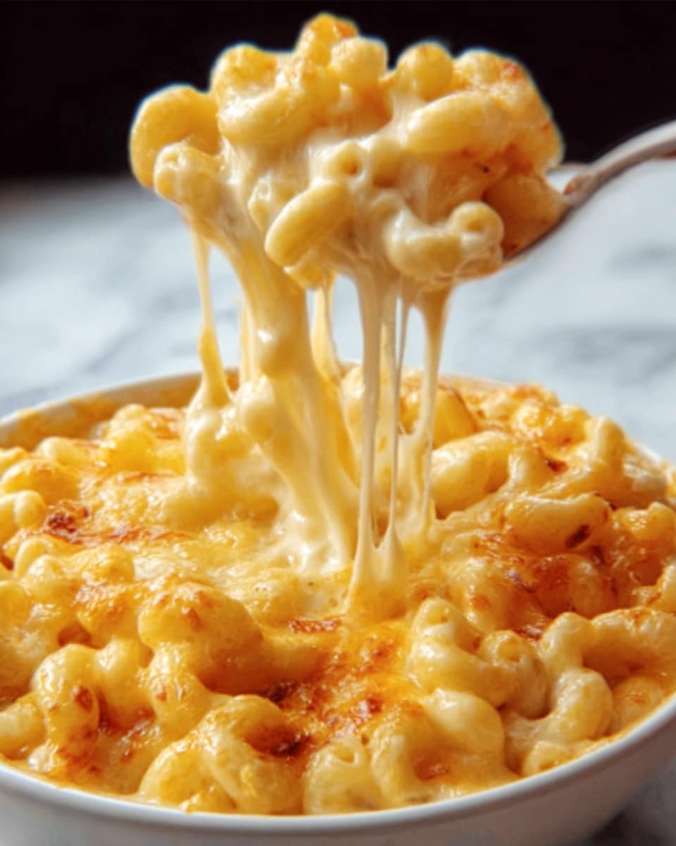 The image shows a close-up of creamy macaroni and cheese in a white bowl, with gooey cheese stretching upwards as a woman's hand lifts a spoonful. The macaroni is covered in a rich, melted cheese sauce that is golden and bubbly on top, with a smooth, thick texture underneath. The macaroni noodles are short and curved, packed tightly together and coated evenly with the cheese. The white bowl sits on a white marbled surface, making the warm yellow cheese stand out vividly. photo taken with an iphone --ar 4:5 --v 7
