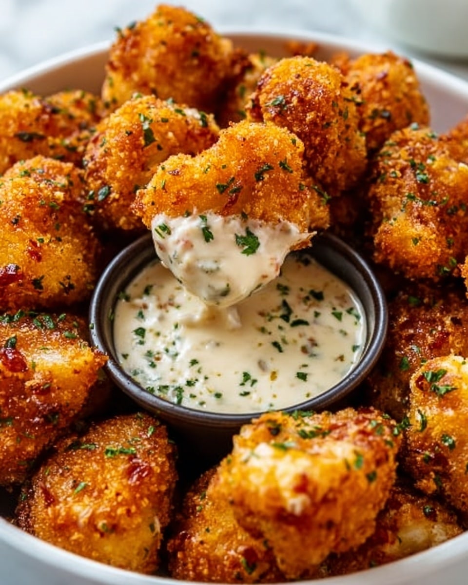 A white bowl filled with golden brown fried cauliflower pieces sprinkled with green herbs sits on a white marbled surface. In the middle of the bowl, there is a small dark container filled with creamy white sauce speckled with herbs. One piece of cauliflower is being dipped into the sauce, with the creamy sauce coating it halfway. The cauliflower pieces look crispy with a rough texture, and the green herbs add a fresh contrast. photo taken with an iphone --ar 4:5 --v 7