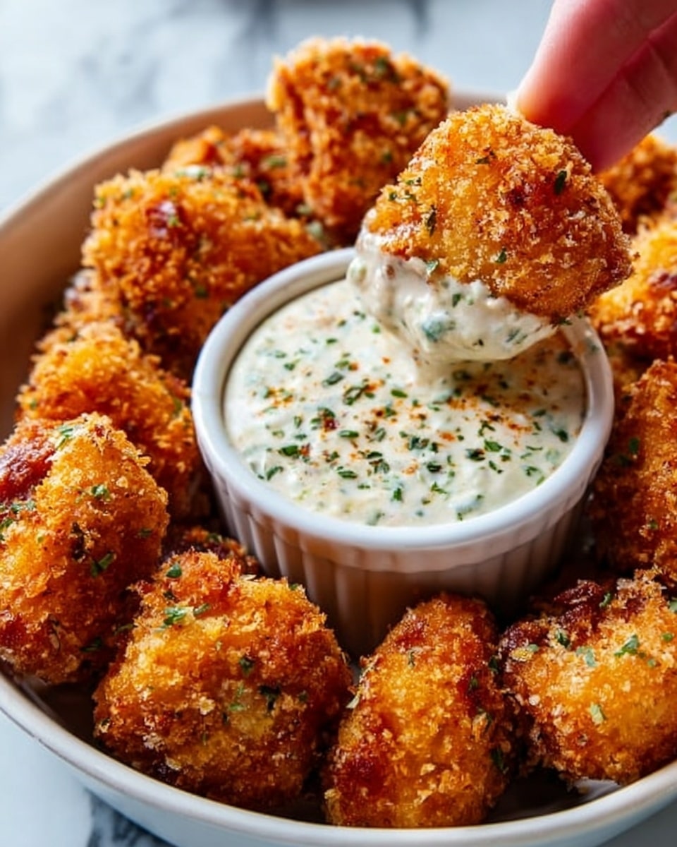 The image shows a white bowl filled with golden-brown fried bites covered in a crispy crust. In the middle of the bowl, there is a small white container of thick creamy sauce with green herb pieces mixed inside. A woman's hand is dipping one crispy fried bite into the sauce, which lightly coats the piece. The bowl sits on a white marbled surface. Photo taken with an iphone --ar 4:5 --v 7
