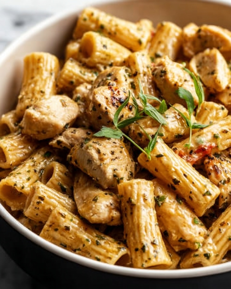 The image shows a close-up of a bowl filled with rigatoni pasta and pieces of chicken. The rigatoni is light brown, coated with a creamy sauce mixed with green herbs. The chicken pieces are light beige, scattered throughout the pasta. The dish is topped with small green herb leaves for garnish. The bowl is white, sitting on a white marbled surface. photo taken with an iphone --ar 4:5 --v 7