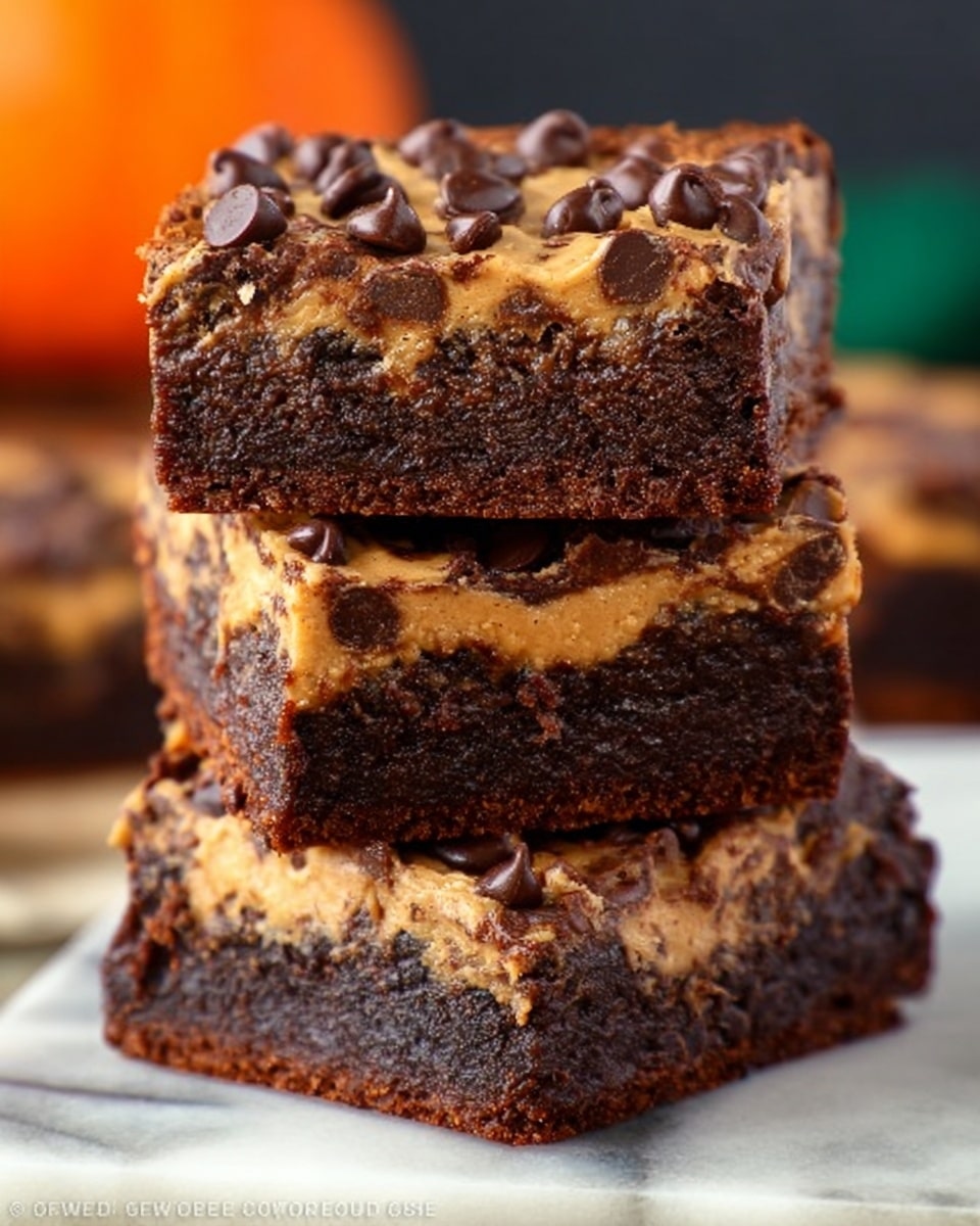 The image shows three thick brownies stacked on top of each other on a white marbled surface. Each brownie has two visible layers: a dark brown, moist chocolate base with a rough texture, and a lighter, tan-colored peanut butter layer on top. The peanut butter layer is slightly creamy and studded with many dark chocolate chips, which add a shiny, uneven texture. The brownies look dense and rich, with the peanut butter layer spreading unevenly but covering the whole top. The background is softly blurred, creating a warm and inviting view of the sweet treat photo taken with an iphone --ar 4:5 --v 7