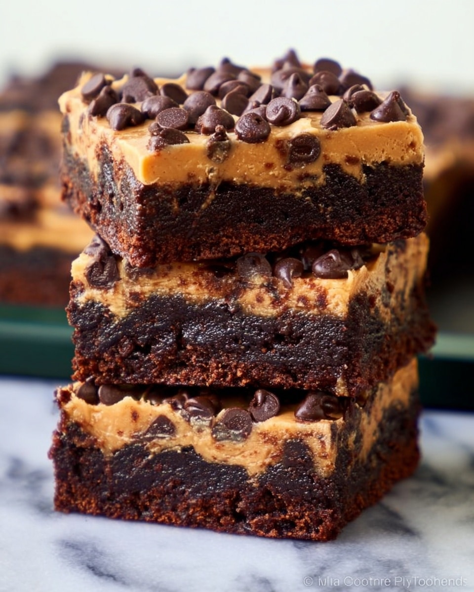 Three thick layers of rich dark chocolate brownies are stacked on top of each other, each topped with a smooth peanut butter layer that is light tan in color and slightly creamy in texture. The peanut butter layer is generously scattered with shiny dark chocolate chips that add a bumpy texture on top. The brownies appear moist and dense with a slightly crumbly surface. The stack is set against a white marbled texture, creating a clean and simple background. photo taken with an iphone --ar 4:5 --v 7