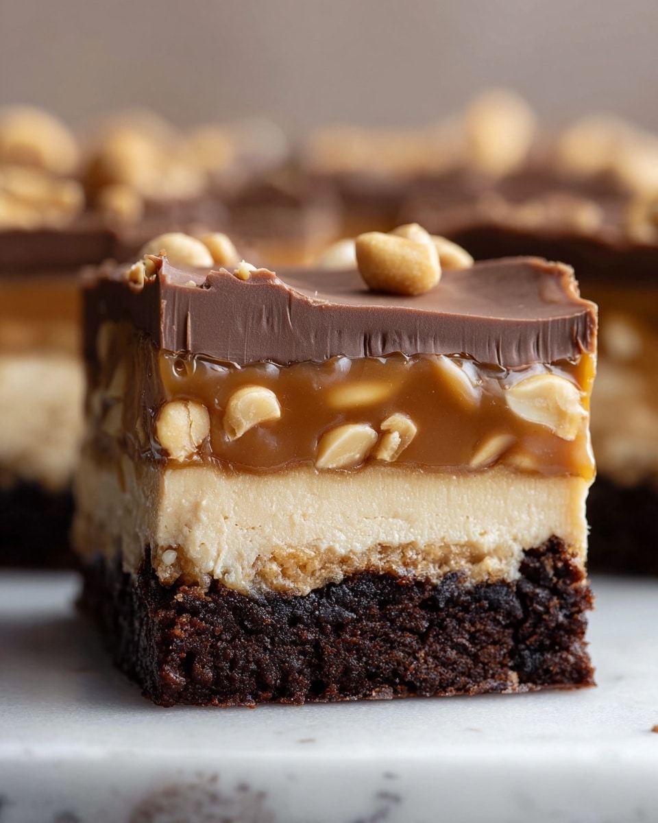 The image shows a close-up of a layered dessert bar with four distinct layers. The bottom layer is thick and dark brown with a dense, slightly crumbly texture resembling a brownie. Above this is a creamy, light beige layer that appears smooth and rich, likely a cheesecake or peanut layer. On top of this creamy base, there's a thick caramel layer studded with whole peanuts, giving it a glossy, golden-brown look with a nutty texture. The top layer is a smooth, solid milk chocolate sheet with small ridges and slight cracks, covering the caramel entirely. The dessert is photographed on a white marbled surface, and the background is softly blurred. photo taken with an iphone --ar 4:5 --v 7