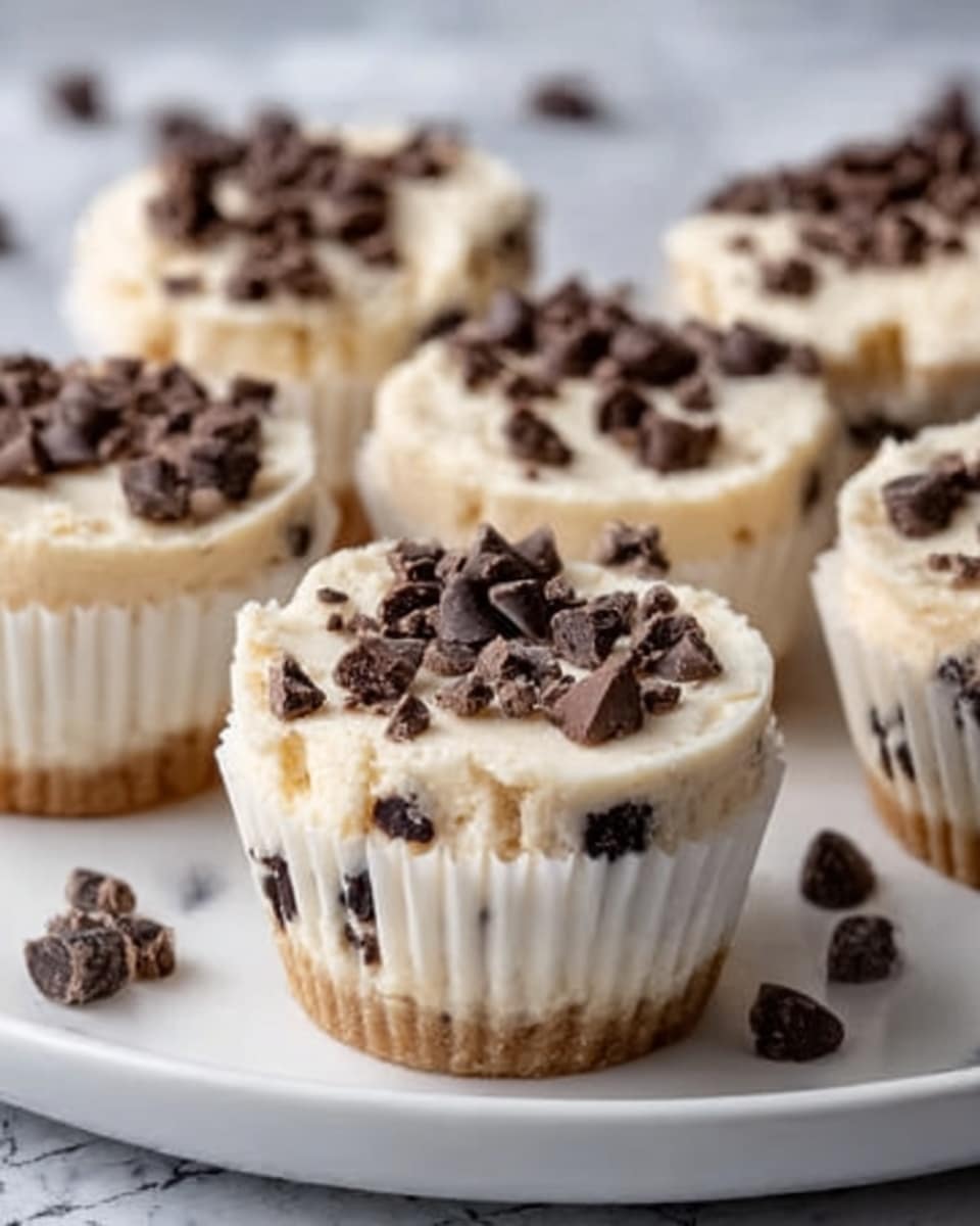 The image shows mini cheesecakes in white paper liners sitting on a white plate over a white marbled surface. Each cupcake has three layers: a creamy beige base with a smooth texture mixed with small dark chocolate chips, a thicker white cream layer on top, and a final sprinkled layer of small chocolate chunks and chips for texture. The cheesecakes have a rich and soft look with the dark chocolate pieces creating contrast against the light creamy layers. photo taken with an iphone --ar 4:5 --v 7