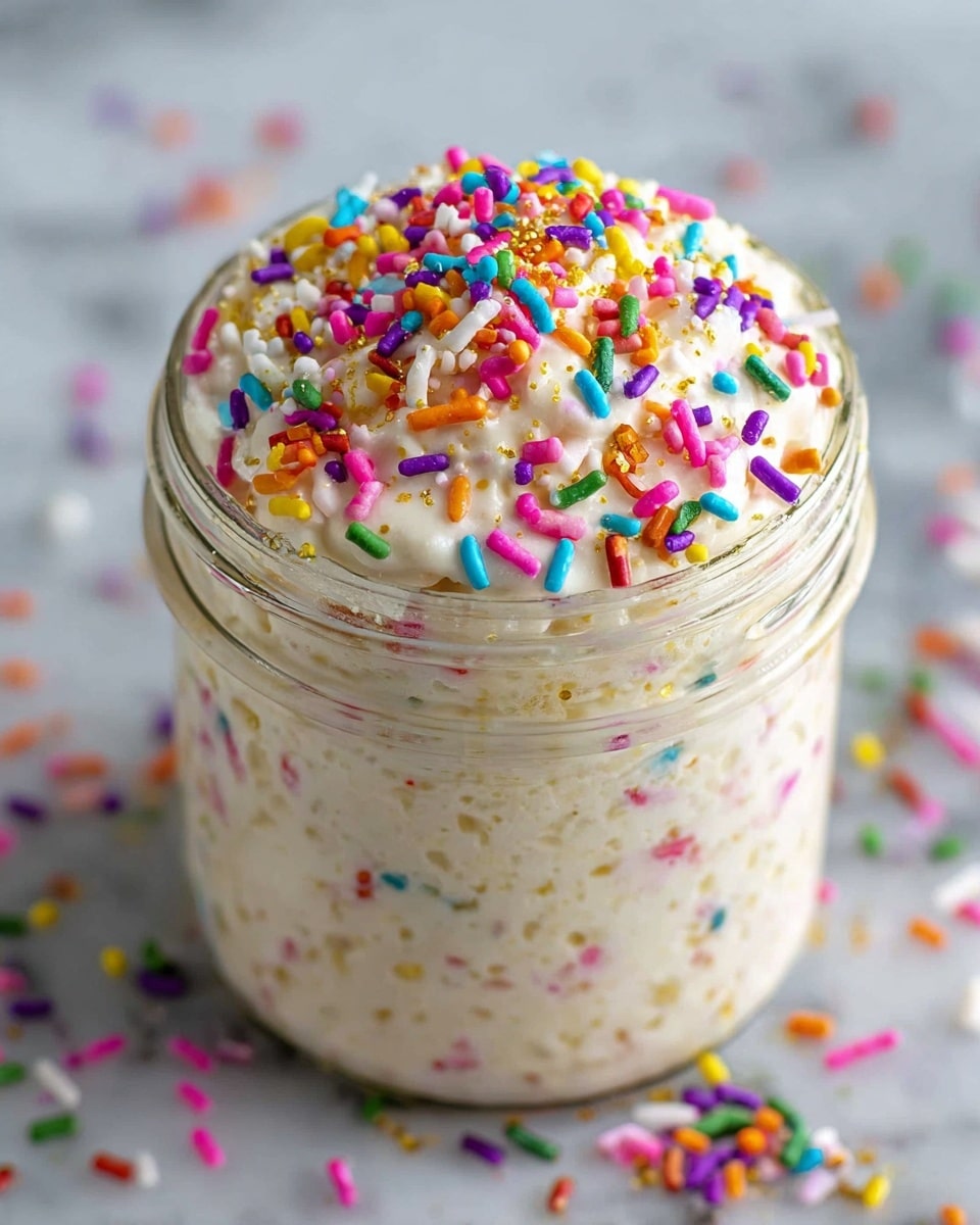 A clear glass jar filled with a creamy white mixture that has colorful round and rod-shaped sprinkles mixed throughout and piled thickly on top. The creamy layer looks soft and slightly textured, with the sprinkles adding bright pops of pink, purple, yellow, orange, green, and blue. The jar sits on a white marbled surface with some scattered sprinkles around it, giving a playful and festive look. The jar is full to the top with the mixture gently rounded above the rim. photo taken with an iphone --ar 4:5 --v 7