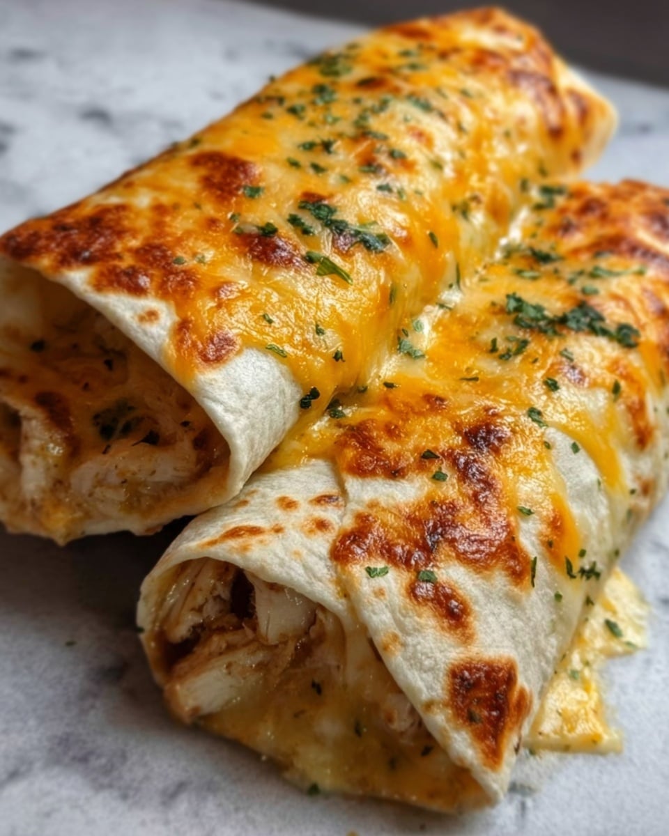 Two soft flour tortillas are rolled and filled with cooked chicken pieces and melted yellow cheddar cheese, showing a gooey, stretchy texture. The top layer of the tortillas is covered evenly with a blend of melted cheddar and white cheese that has browned slightly, creating a bubbly, golden crust. Small green herb pieces, likely cilantro or parsley, are sprinkled over the top, adding a pop of fresh color. The dish is placed on a white marbled surface with a close, cozy view highlighting the rich, cheesy texture and warm, inviting colors. Photo taken with an iphone --ar 4:5 --v 7