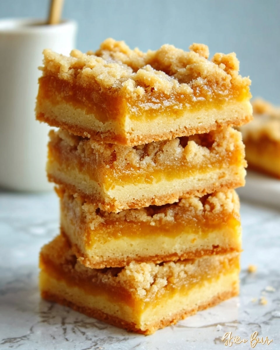 The image shows a stack of four square buttery bars, each with three visible layers. The bottom layer is a firm, crumbly crust in a warm golden-brown color. The middle layer is a thick, gooey filling with a rich yellow-orange color, appearing slightly translucent. The top layer is a crumbly streusel topping similar in color and texture to the crust, with small clumps and a slightly rough surface. The stack is placed on a white marbled textured surface, with a small part of a white jug or container blurred in the background. Soft light highlights the texture and color of the bars, giving a cozy and fresh baked feel. photo taken with an iphone --ar 4:5 --v 7
