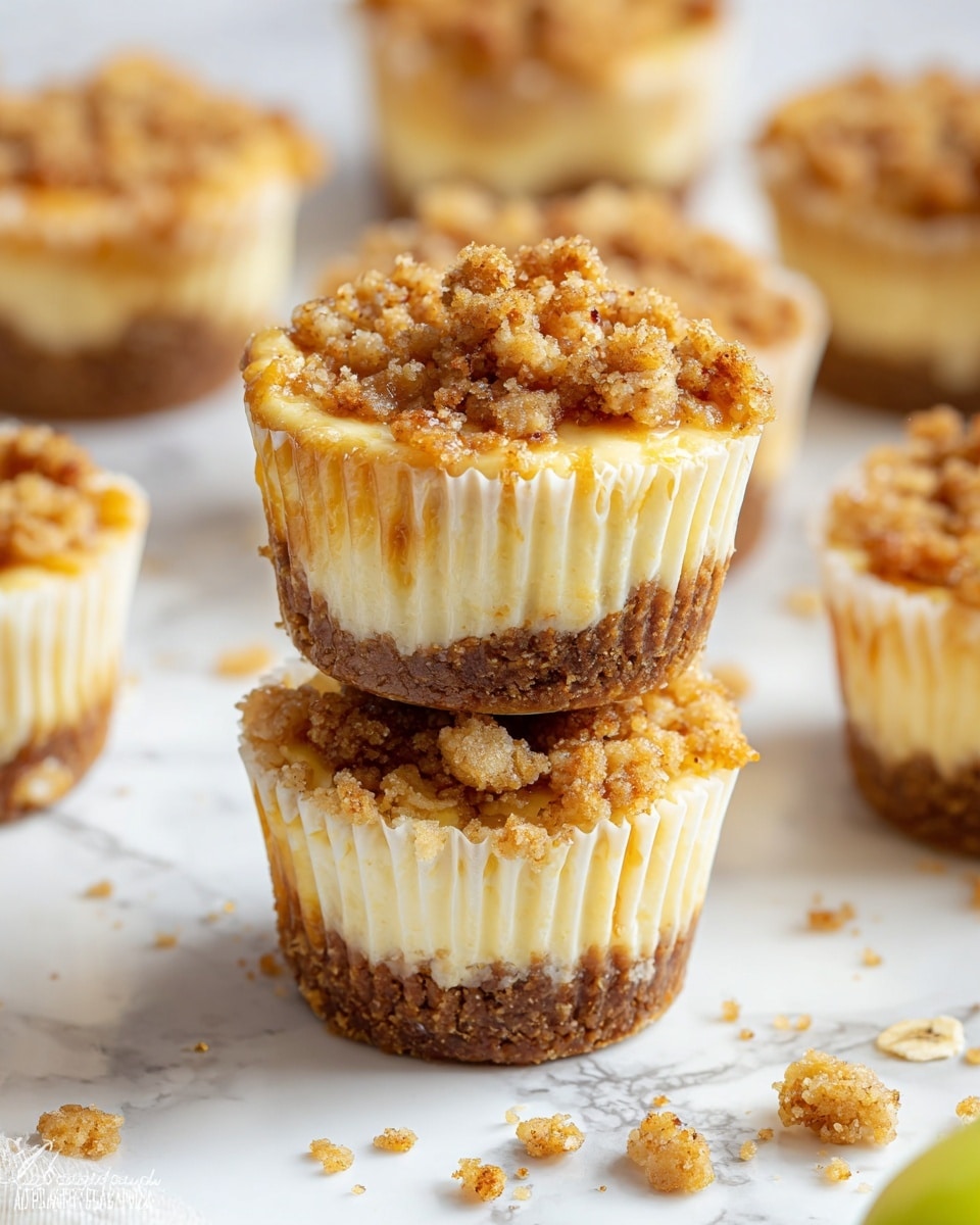 The image shows two small cheesecake muffins stacked on top of each other, each with three layers. The bottom layer is a darker brown, crumbly crust, the middle layer is a creamy pale yellow cheesecake filling, and the top layer is a golden brown crumb and oat streusel topping with chunky pieces. The muffins are in white paper liners stained with some caramel-colored spots. Around the muffins are crumbs and small oat pieces scattered on a white marbled surface. In the background, there are more similar muffins, softly out of focus, adding depth to the picture. photo taken with an iphone --ar 4:5 --v 7