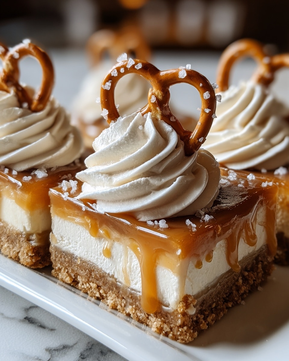 A dessert bar with three clear layers sits on a white plate against a white marbled texture. The bottom layer is a thick, crumbly light brown crust. The middle layer is a creamy off-white filling that looks soft and smooth. The top layer is a sticky caramel sauce dripping slightly down the sides. On top of the caramel, there are swirls of bright white whipped cream. Each swirl is decorated with a small pretzel covered in large white salt crystals, sitting upright. The focus is close up on the front piece, showing the textures clearly. photo taken with an iphone --ar 4:5 --v 7