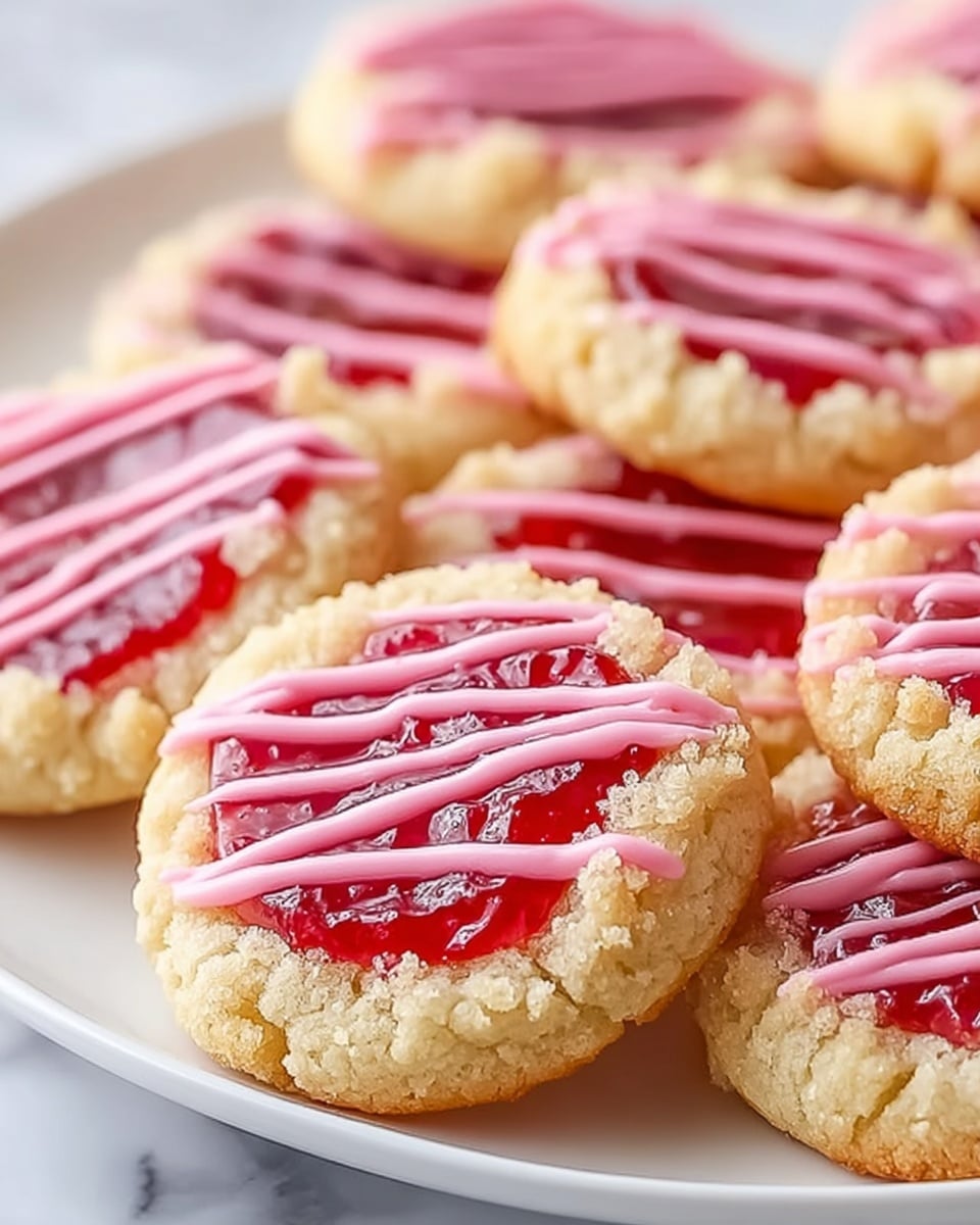 The image shows several round cookies arranged on a white plate, each with three distinct layers. The bottom layer is a light beige, crumbly cookie base with a rough texture. The middle layer is a smooth, shiny red jam spread thickly, sitting slightly recessed into the cookie base. The top layer is made of crumbly cookie bits scattered unevenly on the jam, sprinkled with evenly spaced streaks of bright pink icing flowing diagonally across each cookie. In the background, some cookies are slightly blurred. The plate sits on a white marbled surface. photo taken with an iphone --ar 4:5 --v 7