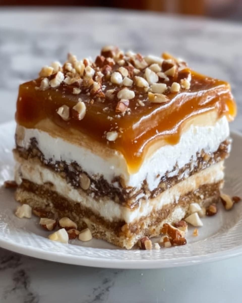 A square piece of layered dessert on a white plate sits on a white marbled surface. The dessert has four visible layers: the bottom layer is a light brown nutty base with small nut pieces, the second layer is thick white cream, the third layer is a darker brown nutty mixture with chunks of nuts, and the top layer is smooth caramel sauce with many small nut pieces sprinkled on top. The nuts are light brown and white, adding texture and color contrast. The overall look is rich and creamy with a mix of smooth and crunchy textures. photo taken with an iphone --ar 4:5 --v 7