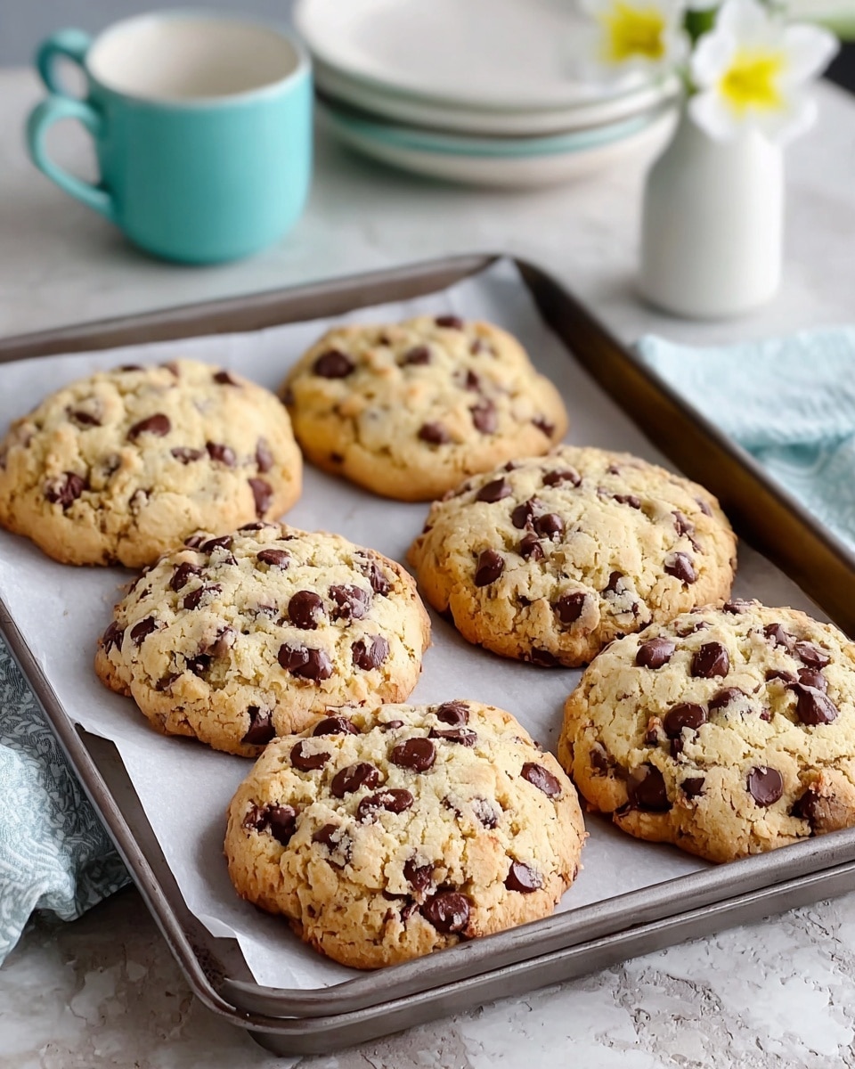 A baking tray lined with parchment paper holds six large, round chocolate chip cookies closely placed in two rows of three. Each cookie is light golden-brown with a slightly crispy edge and a soft, chunky texture filled with many dark brown chocolate chips of different sizes. The tray rests on a white marbled textured surface, with a stack of white plates and a turquoise cup blurred in the background, along with a small white vase holding a couple of white flowers with yellow centers. photo taken with an iphone --ar 4:5 --v 7