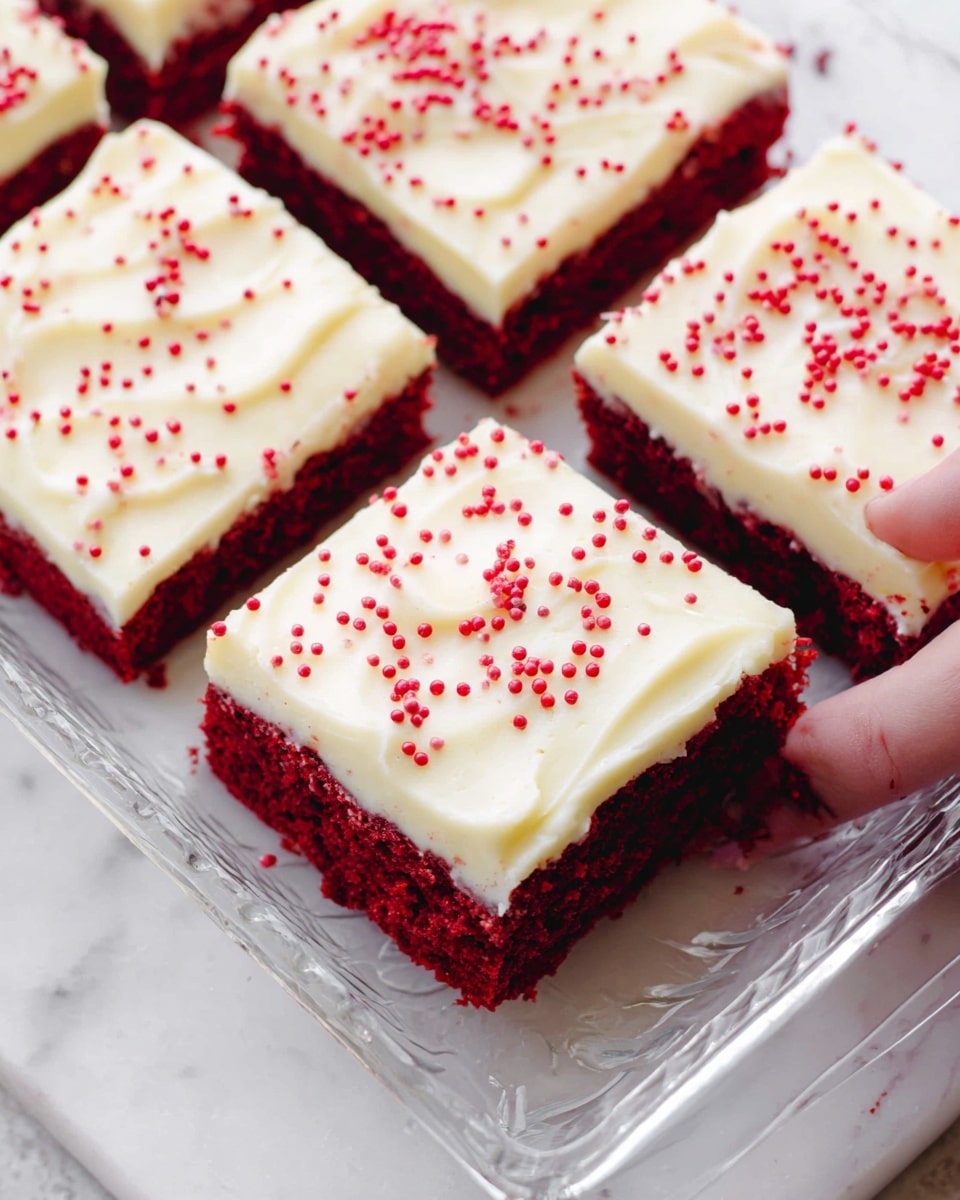 A close-up image of six square pieces of red velvet cake in a clear glass rectangular dish on a white marbled surface. The cake has two visible layers: a thick, deep red base with a soft, moist texture and a smooth, creamy white frosting layer on top. The frosting is slightly wavy and decorated with small, round red sprinkles scattered evenly across each piece. A woman's hand is gently holding the edge of one bottom corner piece, revealing the dense texture of the cake. Photo taken with an iphone --ar 4:5 --v 7