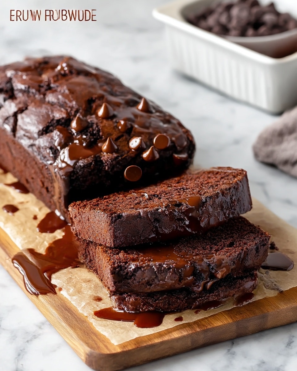 A rich, dark brown brownie bread loaf sits on a wooden board lined with parchment paper, with two thick slices cut and laid in front. The top layer of the loaf has large cracks, revealing a gooey fudge filling inside, glistening with warm, melted chocolate. Several shiny chocolate chips are scattered on the top crust, adding texture and depth. The crumb is dense yet moist with a soft texture, and chocolate sauce is drizzled around the cutting board. In the background, a white baking pan with the rest of the brownie bread and a white bowl filled with chocolate chips sit on a white marbled surface. photo taken with an iphone --ar 4:5 --v 7
