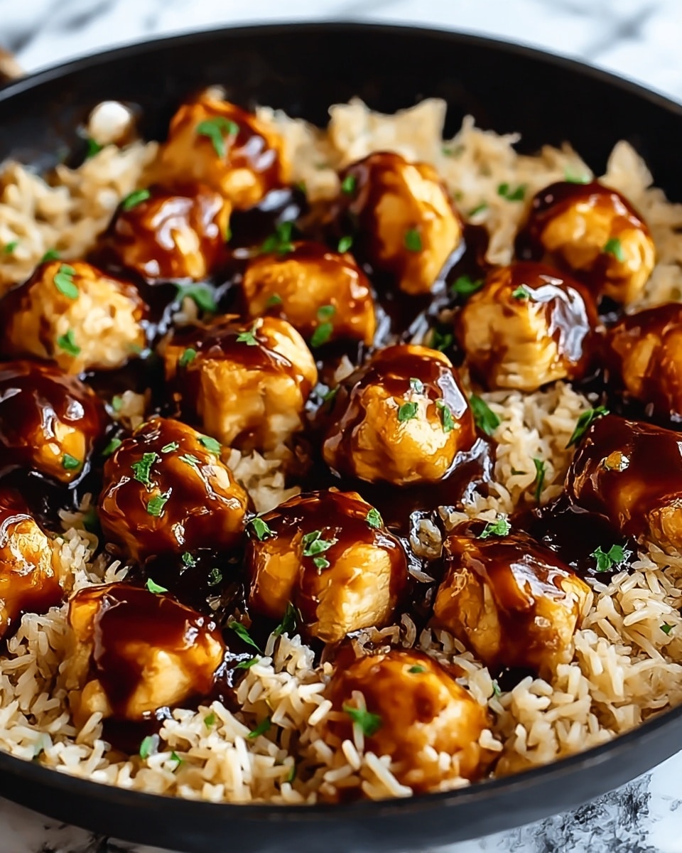 The image shows a close-up of a black pan filled with light brown cooked rice forming the bottom layer. On top of the rice, there are several pieces of golden-brown chicken coated with a thick, glossy dark brown sauce. The chicken pieces are evenly scattered across the rice and garnished with small green herb bits. The entire dish rests on a white marbled textured surface. photo taken with an iphone --ar 4:5 --v 7
