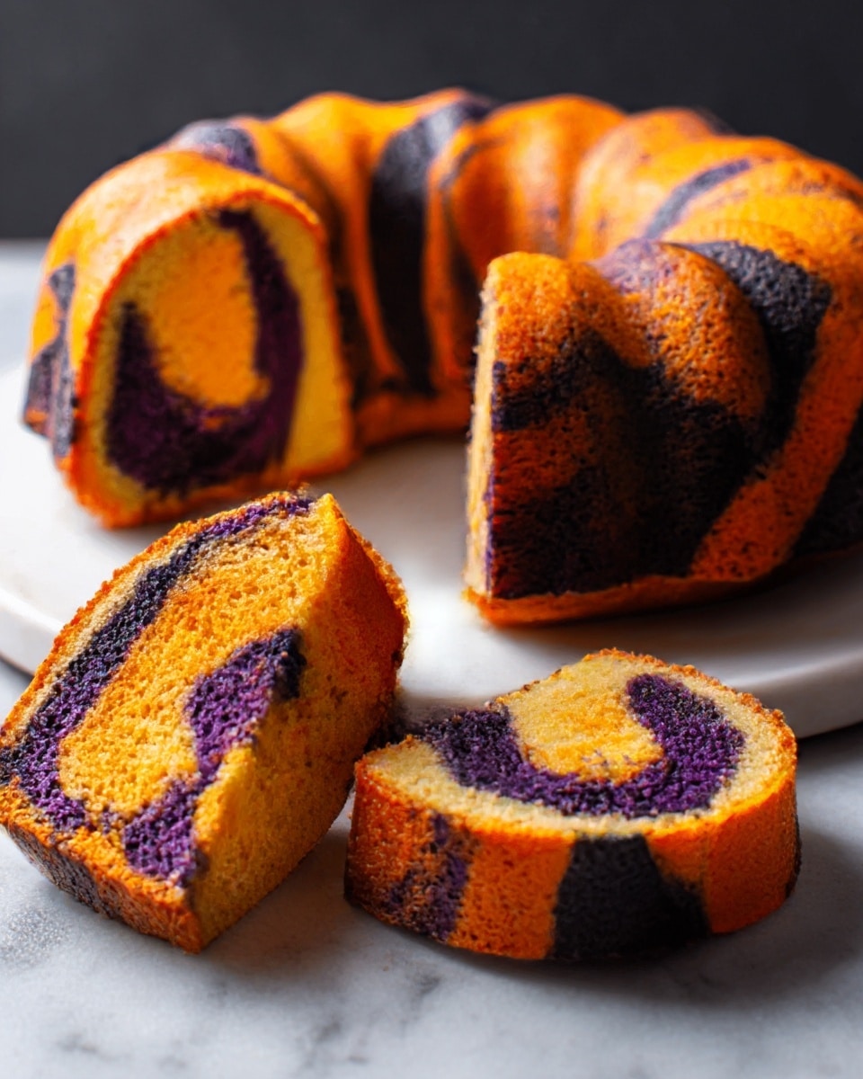 The image shows a round bundt cake with a smooth surface, displaying vibrant swirled patterns of orange, black, and purple on its exterior. The cake is sliced to show inside layers that mirror the swirled colors in a marbled effect. Each slice reveals an even mix of these colors with a soft, moist texture. The cake sits on a white plate placed on a white marbled surface, with some slices arranged in a semicircle around the remaining whole cake. The lighting highlights the rich colors and texture of the cake. Photo taken with an iphone --ar 4:5 --v 7