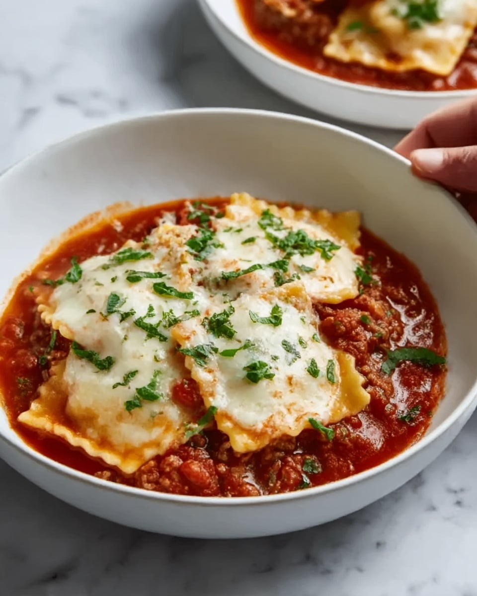 The image shows a white bowl filled with a layered ravioli dish in red tomato sauce. At the bottom, there is a rich red sauce with visible bits of tomato and ground meat. On top of that, there are several large ravioli pieces covered in a thick layer of melted white cheese, slightly browned around the edges. Green herbs sprinkle over the cheese for a fresh look. The bowl rests on a white marbled surface, and a woman’s hand is reaching toward the bowl from the right side. Photo taken with an iphone --ar 4:5 --v 7