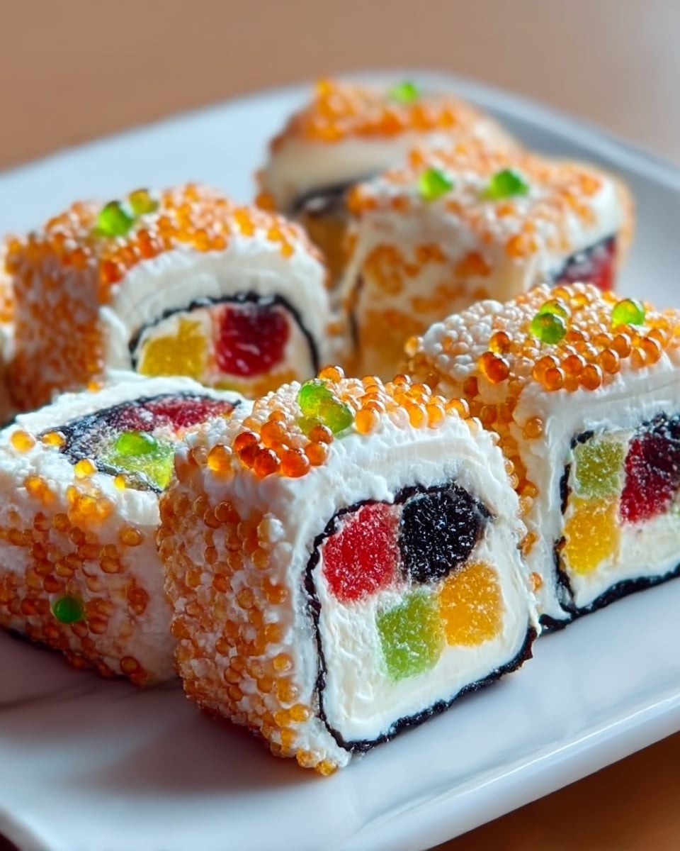 A close-up view of six sushi rolls arranged on a white square plate, each roll showing a creamy white outer layer with small golden-brown crunchy balls sprinkled all over. Inside, each roll has a thin black circular line enclosing vibrant colorful fillings, including bright red, yellow, green, and black sections. The texture of the outer layer looks soft with a slight gloss, contrasting with the crunchy bits on top, while the colorful fillings appear smooth and jelly-like. The plate sits on a white marbled surface, adding a clean and bright background to the shot. photo taken with an iphone --ar 4:5 --v 7