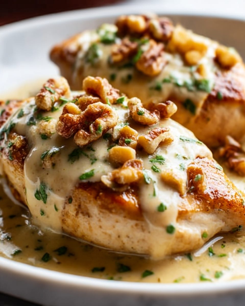 The image shows a close-up of two pieces of cooked chicken breast on a white plate, sitting on a white marbled surface. Each chicken piece is topped with a smooth, creamy sauce that has a light beige color, covering most of the chicken's surface. On top of the sauce, there are small pieces of chopped walnuts that add a rough texture and a golden-brown color. The dish is sprinkled with fresh green herbs, giving a bright contrast to the warm colors of the chicken and sauce. The lighting highlights the juicy texture of the chicken and the glossy sauce. Photo taken with an iphone --ar 4:5 --v 7