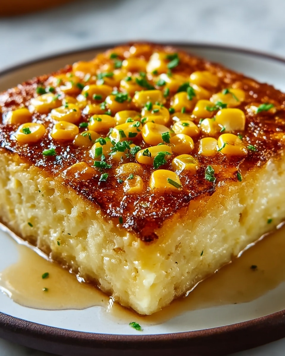 A close-up of a thick square piece of corn pudding on a white plate with a dark rim, placed on a white marbled surface. The pudding has two visible layers: the bottom layer is dense and creamy with a pale yellow color and a soft, moist texture, while the top layer is golden brown and slightly crispy with whole corn kernels spread throughout. Small green chopped herbs are sprinkled evenly over the top, adding a fresh contrast in color. The edges of the pudding show slight caramelization, enhancing the texture and color details. There is a small amount of honey or syrup pooling at the base. photo taken with an iphone --ar 4:5 --v 7