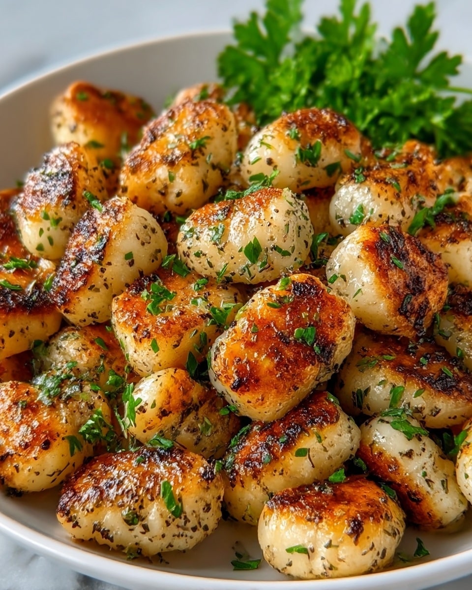 The image shows a close-up view of golden brown gnocchi pieces, each with two layers: a crispy, browned outer layer with specks of black seasoning, and a soft, white inner layer. The pieces are scattered and piled together in a white bowl, with bright green chopped herbs sprinkled evenly across them and a small bunch of green parsley in the background. The texture looks crispy on the outside but soft inside, and the colors blend warm browns, white, and fresh green on a white marbled surface. photo taken with an iphone --ar 4:5 --v 7