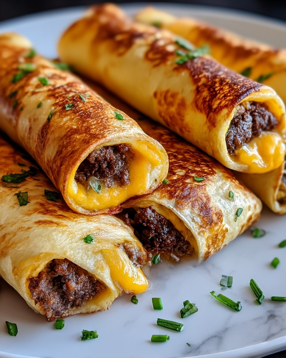 The image shows several rolled crepes with a golden brown, slightly crispy outer layer. Inside each roll, there are two visible layers: a bright yellow melted cheese layer surrounding a dark brown, crumbly ground meat filling. The rolls are placed closely together on a white plate, with small pieces of chopped green herbs scattered around them. The texture of the crepe looks soft but with browned spots from cooking, and the filling appears juicy and rich. The background is a white marbled surface, giving a clean and simple look. Photo taken with an iphone --ar 4:5 --v 7