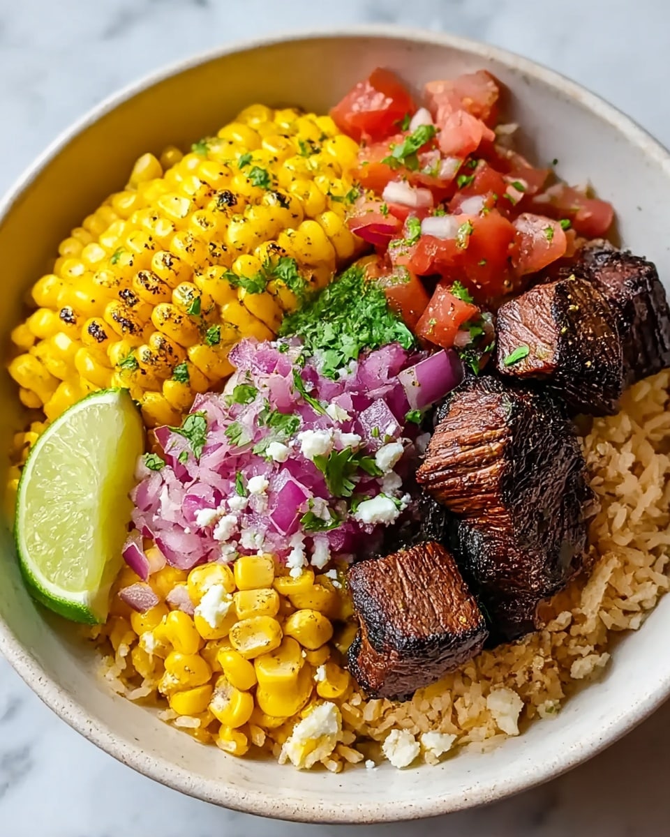 A white bowl sits on a white marbled texture, filled with four main layers that create a colorful and fresh dish. The bottom layer is light brown cooked rice, covering the whole bowl base. On one side, there is a mound of bright yellow grilled corn kernels with a slight char and specks of black pepper, sprinkled with green cilantro leaves. Next to the corn is a small pile of chunky, roughly chopped pink and purple red onion mixed with diced fresh red tomatoes, also topped with green cilantro. At the center and spreading slightly, there are several dark brown, grilled beef cubes with a nicely charred crust. Near the edge of the bowl sits a fresh lime wedge and some small white cheese crumbles, adding bright contrast to the dish. photo taken with an iphone --ar 4:5 --v 7