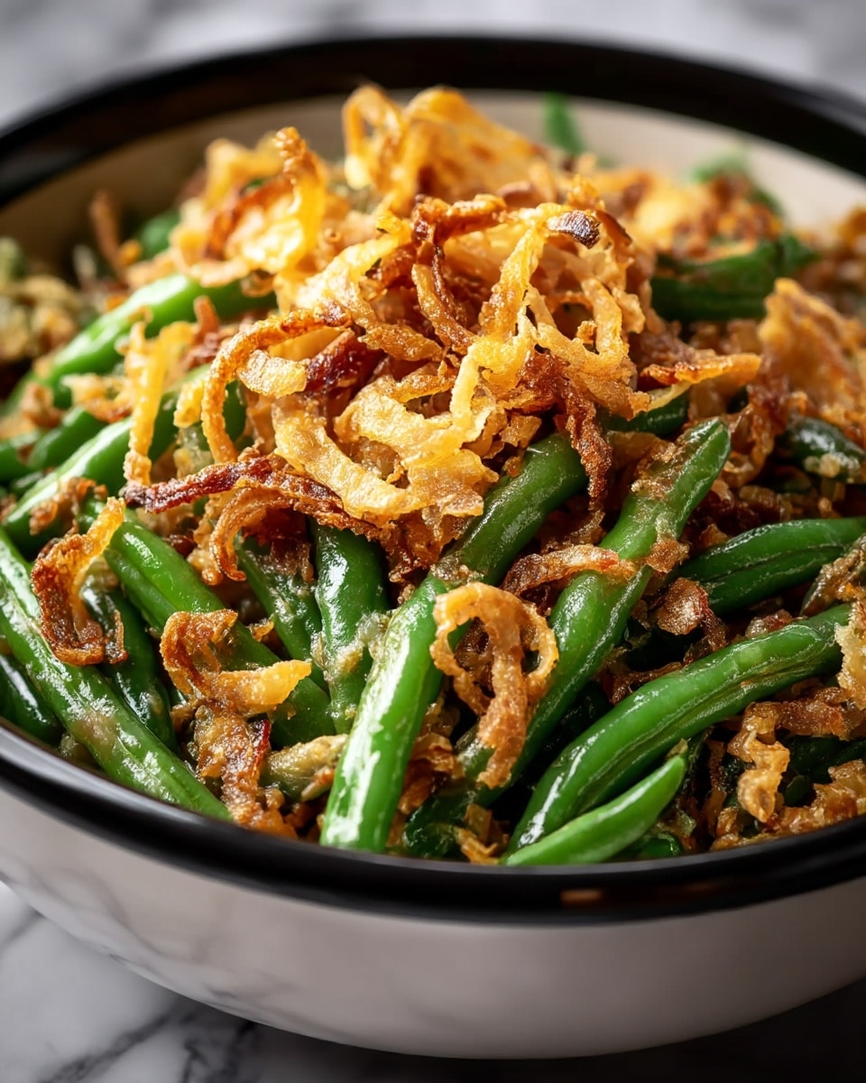 This image shows a close-up of a dish with two main layers in a white bowl with black trim. The bottom layer is made of fresh green beans, showing a glossy, smooth texture and bright green color. The top layer consists of crispy, golden-brown fried onions that have a light, crunchy texture and curly shapes. The green beans sit underneath, slightly visible through the scattered fried onions. The background is a white marbled texture. photo taken with an iphone --ar 4:5 --v 7