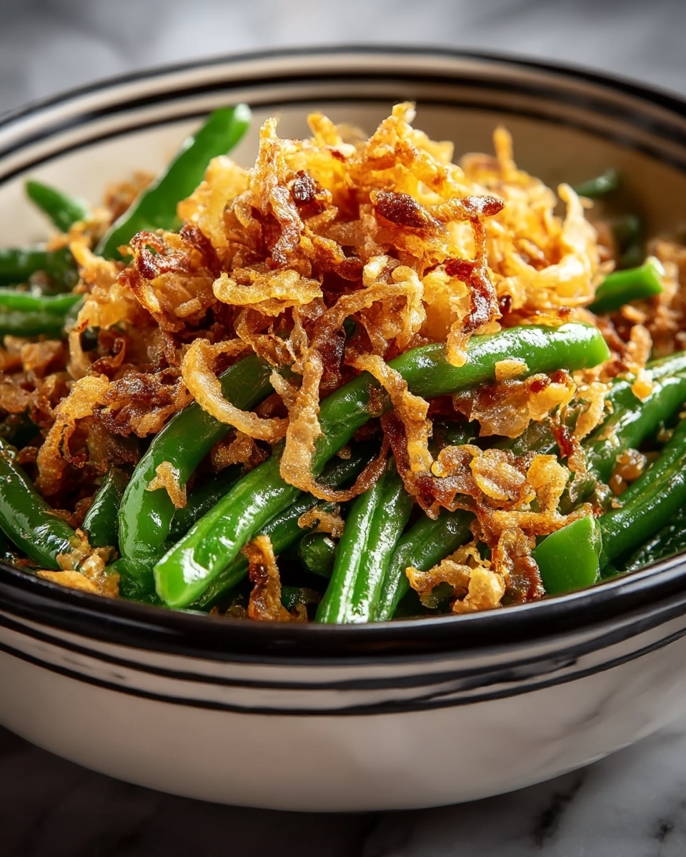 A close-up view of a dish in a white bowl with black stripes around the rim, featuring a layer of bright green, firm green beans at the bottom, topped with a generous layer of golden brown, crispy fried onions that have a crunchy texture and slightly uneven shapes. The green beans are glossy and fresh, contrasting with the dry and crunchy fried onions, creating a mix of colors and textures. The bowl sits on a white marbled surface. photo taken with an iphone --ar 4:5 --v 7
