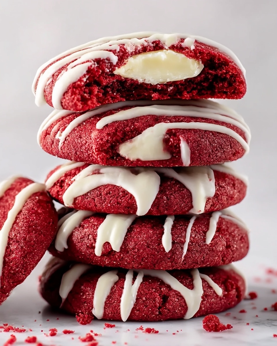 A stack of five soft red velvet cookies with white cream cheese filling and white icing drizzled over the top and sides. The top cookie is broken in half, showing a smooth, creamy white center inside the dense, deep red cookie dough. The cookies have a slightly cracked texture and sit directly on a white marbled surface with some red crumbs scattered around. The stack is close-up and centered in the frame. photo taken with an iphone --ar 4:5 --v 7