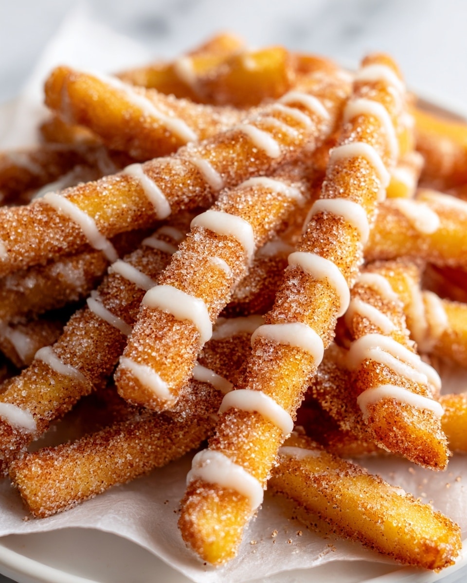 A close-up view of many golden, crispy fries piled together on white parchment paper over a white plate. Each fry is coated in a light, grainy mix of cinnamon sugar, giving them a speckled brown and white texture. Drizzled over the fries is a thin, white icing glaze in irregular lines, adding a smooth contrast to the crunchy coating. The fries have varied sizes and angles, creating a layered, textured look. The background is a white marbled surface that enhances the warm tones of the fries. photo taken with an iphone --ar 4:5 --v 7