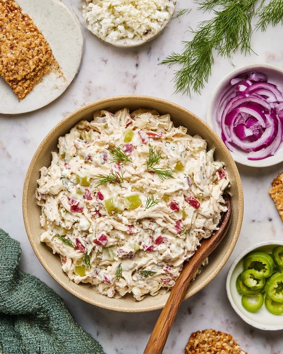 A beige bowl filled with a creamy chicken salad showing mixed layers of shredded white chicken, diced green celery, light red pieces of bell pepper, small chunks of white feta cheese, and bits of red onion, all covered in a thick creamy dressing with small green dill sprigs on top; a wooden spoon rests inside the bowl on the right side. Surrounding the bowl are small white bowls with chopped purple-red onion and sliced green pepper rings, a white plate with crumbled white feta cheese, and some oat-topped crunchy brown crackers placed on a white marbled surface with sprigs of fresh dill nearby and a green textured cloth at the bottom left. photo taken with an iphone --ar 4:5 --v 7