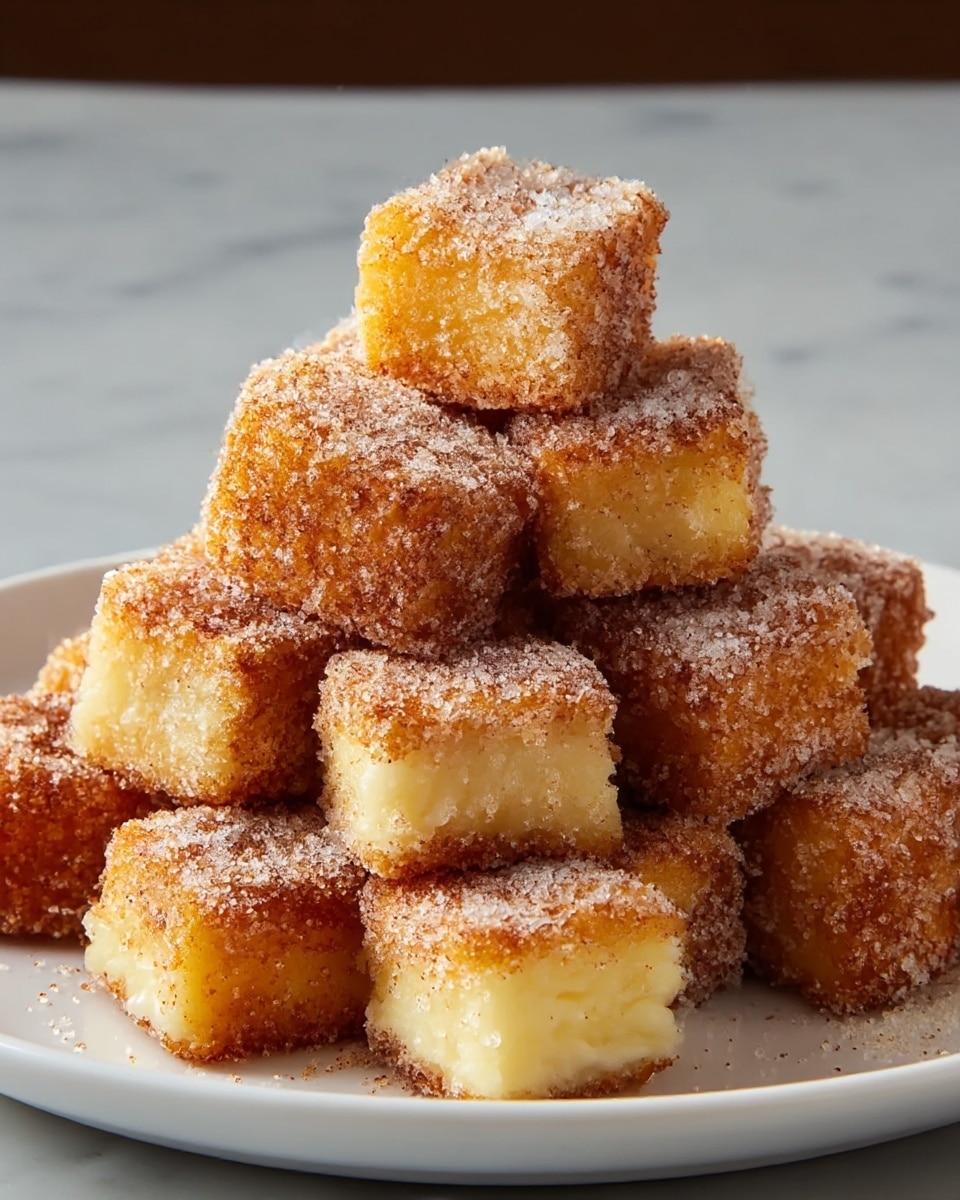 A white plate holds a pile of about a dozen small square fried treats, each coated evenly with a granulated sugar and cinnamon mixture. The treats have a golden-brown outer layer with a slightly rough texture from the sugar and cinnamon, showing a crunchy surface. The inside of each square is lighter, creamy yellow, and soft-looking. They are stacked closely in the center of the plate on a white marbled surface background. photo taken with an iphone --ar 4:5 --v 7