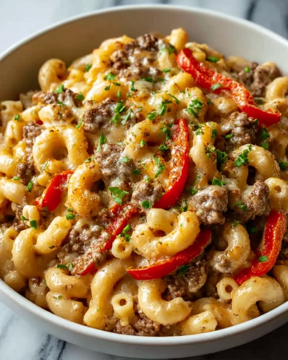 A close-up image of a bowl filled with creamy macaroni pasta layered with browned ground beef and sliced red bell peppers. The macaroni is coated with melted cheese, giving it a golden, slightly crispy top layer. Small green herb pieces are sprinkled over the dish, adding a freshness contrast. The white bowl sits on a white marbled surface, showing the warm, rich texture of the pasta and beef mixture clearly. Photo taken with an iphone --ar 4:5 --v 7