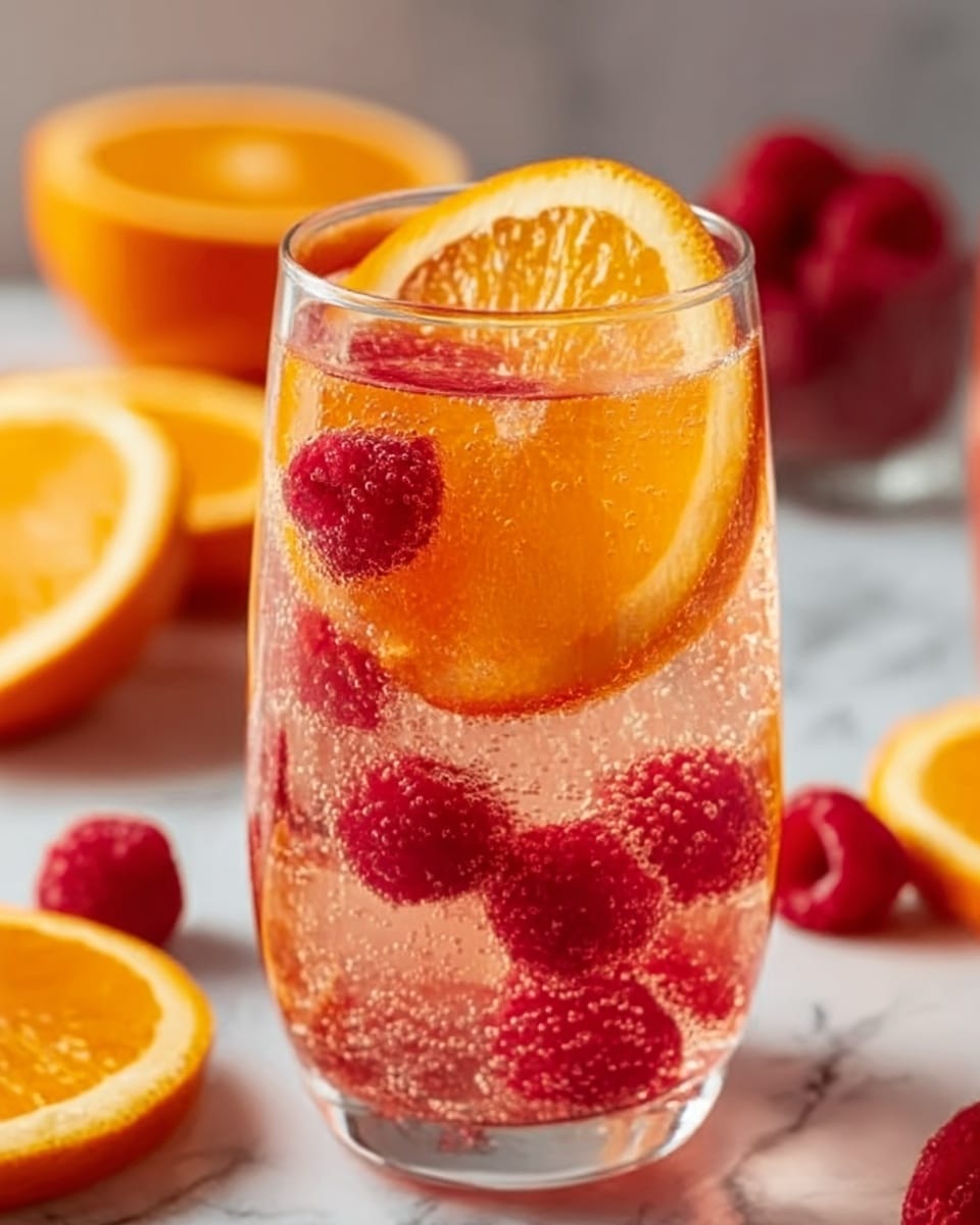 The image shows a clear glass filled with a sparkling drink. Inside, there are bright red raspberries floating throughout the drink, with a large, thin orange slice placed vertically against the inside of the glass. The drink has small bubbles rising, creating a fizzy texture. In the background, there is a white marbled surface with other orange slices and raspberries slightly blurred. Photo taken with an iphone --ar 4:5 --v 7