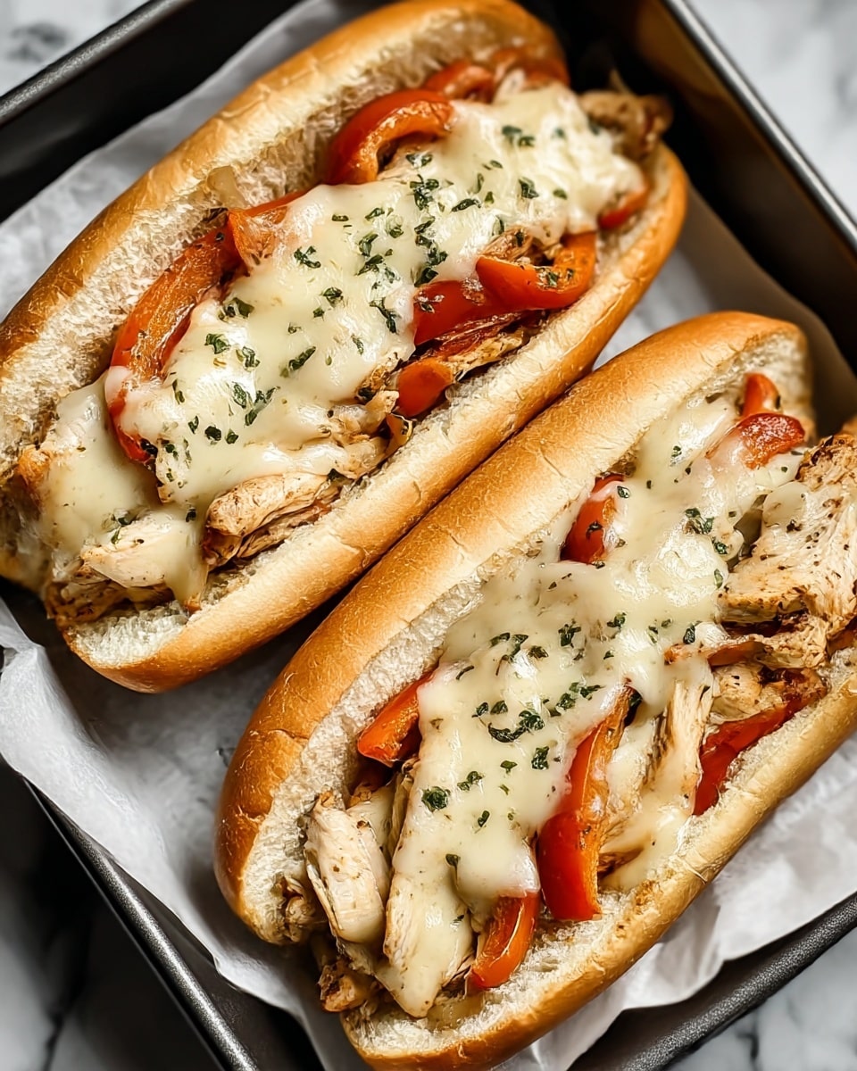 Two sandwich rolls filled with several layers sit on a white marbled surface. The bottom layer is soft, white sandwich bread cut lengthwise. Inside, there are light brown cooked chicken strips mixed with red bell pepper slices. On top of the chicken and peppers is a melted layer of creamy white cheese with small green herb bits scattered over it. The sandwiches are placed on white paper inside a dark tray. The overall look is warm and cheesy with a mix of soft and tender textures. photo taken with an iphone --ar 4:5 --v 7