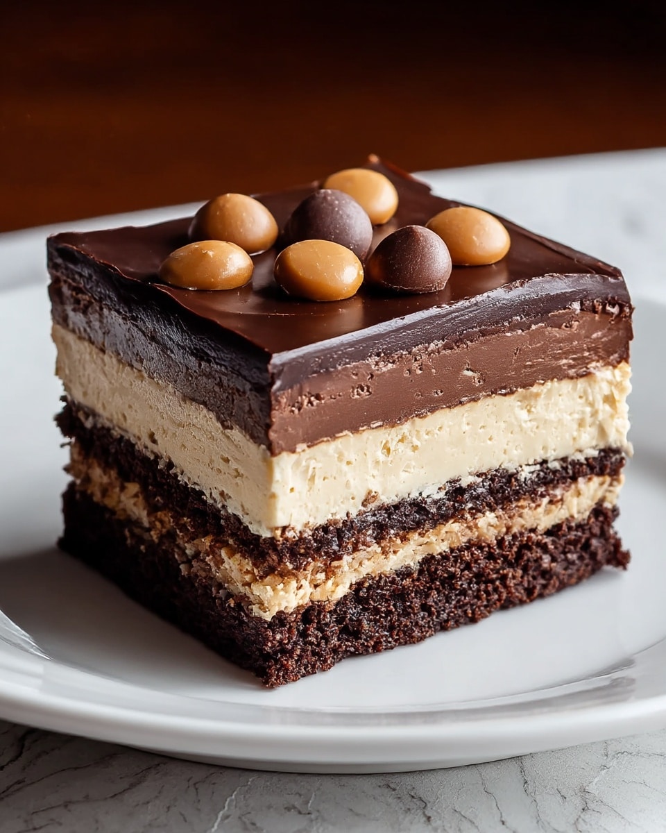 A square slice of cake sits on a white plate with a white marbled texture surface beneath. The cake has four visible layers: the bottom layer is thick and dark brown with a moist, crumbly texture; above it is a creamy light brown layer with a smooth and slightly fluffy look; next is a thinner layer of dark chocolate that appears glossy and rich, partially blending into the cream layer below; the top layer is a shiny, thick chocolate ganache with a smooth finish, decorated with a few round chocolate and caramel-colored pieces scattered in the center. Photo taken with an iphone --ar 4:5 --v 7