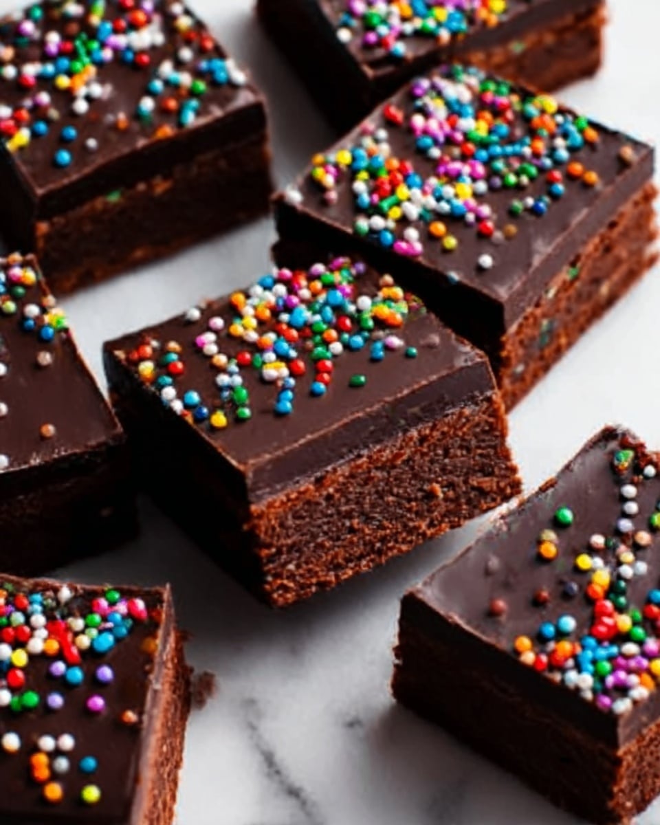 The image shows several square chocolate brownies arranged closely together on a white marbled surface. Each brownie has two layers: a thick, moist-looking dark brown cake base and a smooth, dark glossy chocolate topping. The top layer is decorated with small, round, colorful sprinkles scattered evenly across every piece. The edges of the brownies are sharp and clean, emphasizing their neat cut. photo taken with an iphone --ar 4:5 --v 7