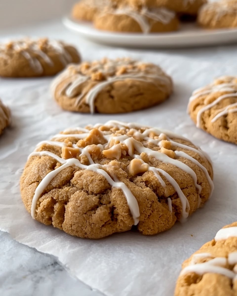 The image shows several soft, round cookies on a white marbled surface. The closest cookie in the front has a rough texture with peanut pieces on top and thin white glaze lines drizzled across in a neat pattern. Behind it, more cookies are visible, similarly shaped with light brown color and the same white glaze drizzle. In the background, there is a white plate with more cookies on it, slightly out of focus. The lighting is bright, highlighting the cookies' moist texture and making the glaze shine gently. Photo taken with an iphone --ar 4:5 --v 7