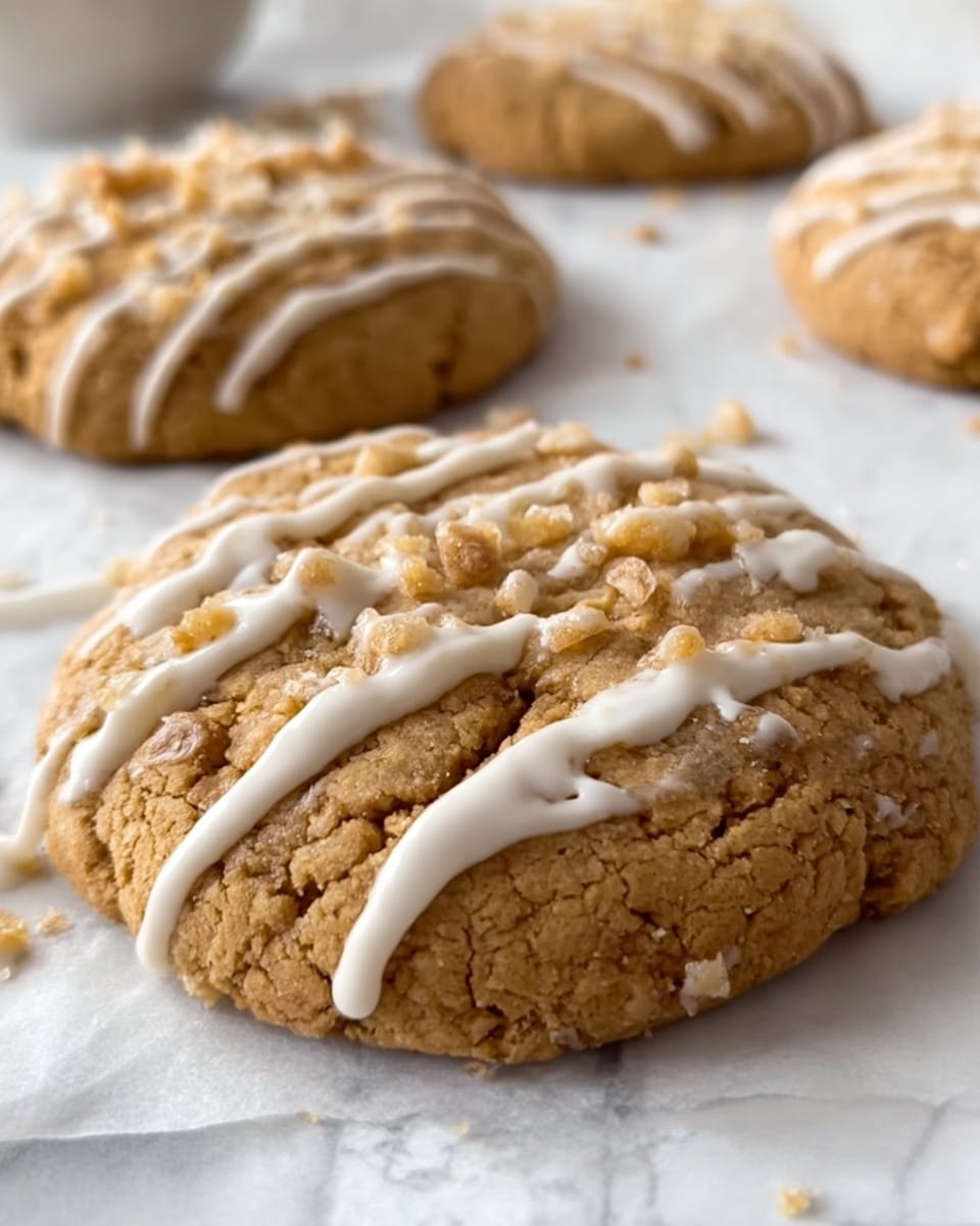 The image shows a close-up of a soft, round cookie with a light brown, crumbly texture and small chunks on top, drizzled with thin lines of white icing. Behind it, there are similar cookies, also drizzled with white icing, placed on white parchment paper. The whole scene is set on a white marbled surface with soft natural lighting, highlighting the texture and details of the cookies. Photo taken with an iphone --ar 4:5 --v 7