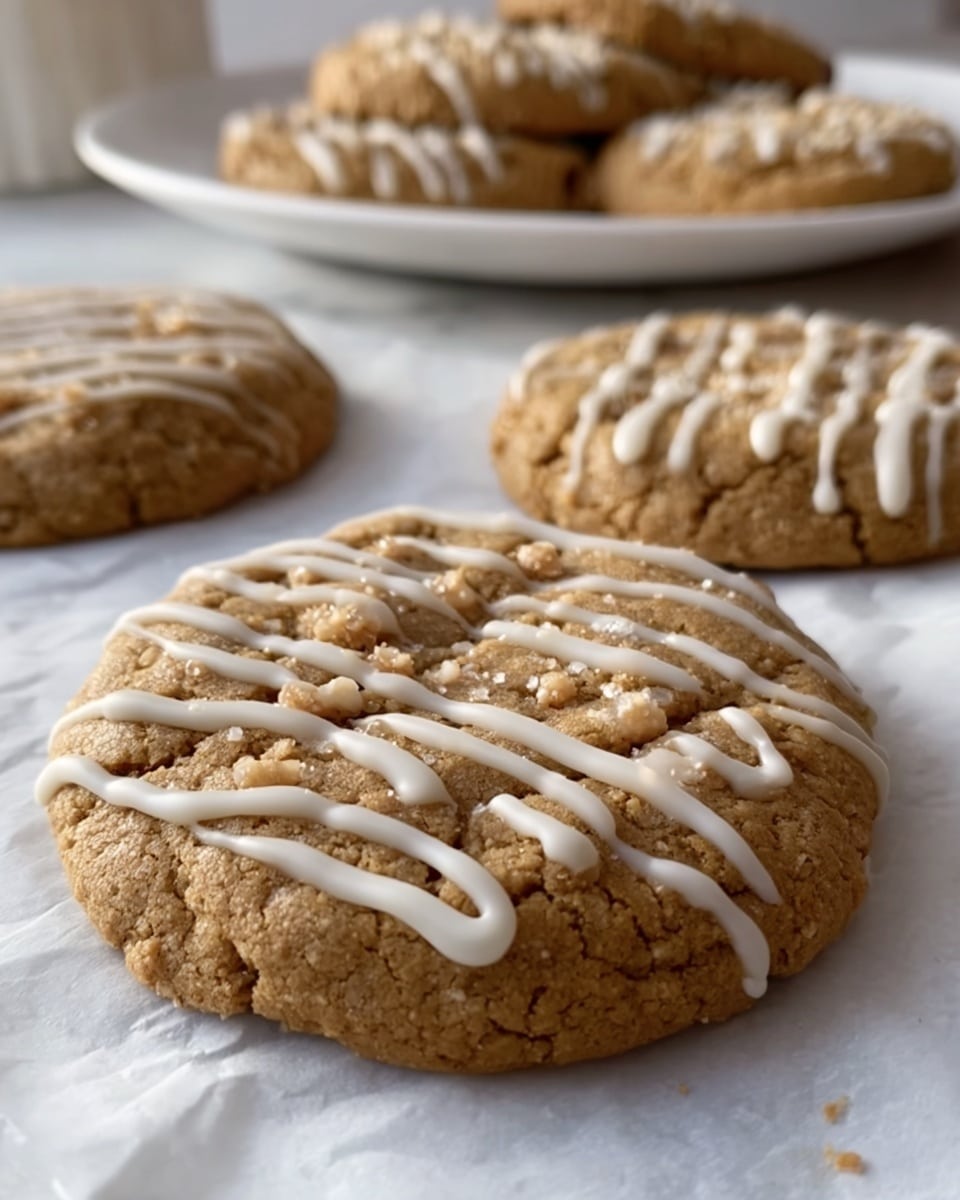 The image shows several large, soft cookies with a light brown color, each topped with thin lines of white icing that add texture and decoration. The cookies have a slightly cracked, crumbly surface that looks chewy and inviting. They are placed on white parchment paper that rests on a white marbled surface. In the background, there is a white plate holding more cookies, slightly out of focus, enhancing the cozy and fresh-baked look. The lighting is natural, showing the cookies' soft texture and the glossy icing clearly. Photo taken with an iphone --ar 4:5 --v 7