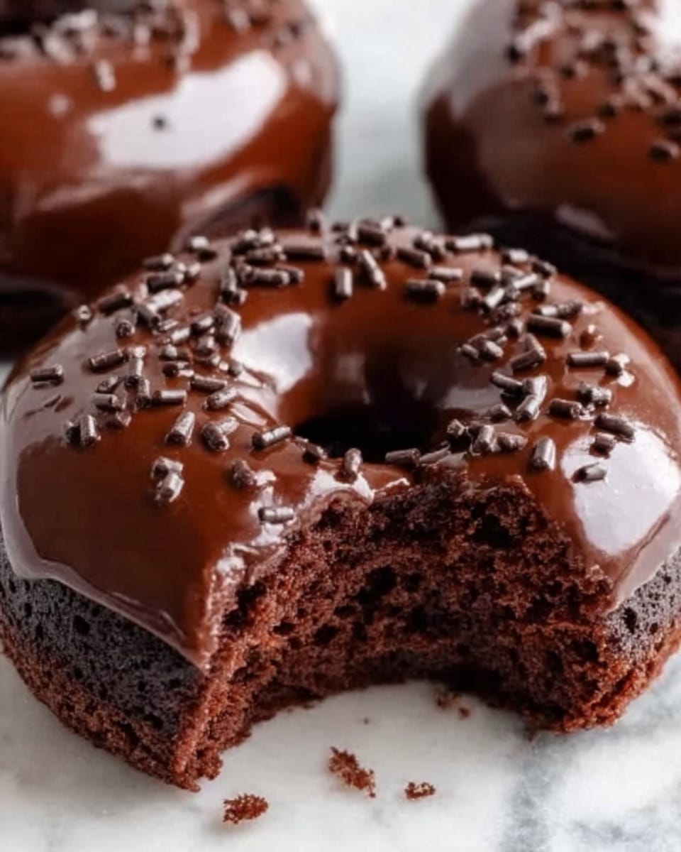 A close-up image of a round chocolate dessert with a smooth, shiny dark chocolate glaze on top, decorated with small chocolate pieces scattered over the surface. The dessert has a thick, moist, dark brown cake layer visible from a bite taken out of it, showing a soft and rich texture inside. The background is a white marbled texture with another similar dessert partially visible behind it. Photo taken with an iphone --ar 4:5 --v 7
