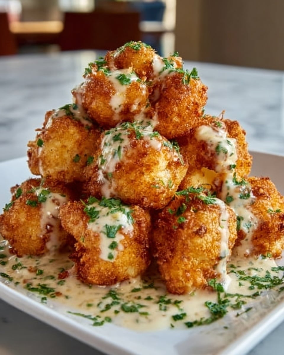 A white square plate filled with several golden-brown fried cauliflower florets stacked in a pyramid shape, each piece crispy with a crunchy texture. The cauliflower is covered with a light creamy white sauce that pools slightly at the base of the plate. Fresh green chopped herbs are sprinkled generously over the top, adding a fresh and colorful contrast to the warm tones of the cauliflower. The background is a white marbled surface with soft indoor lighting highlighting the texture of the dish. Photo taken with an iphone --ar 4:5 --v 7