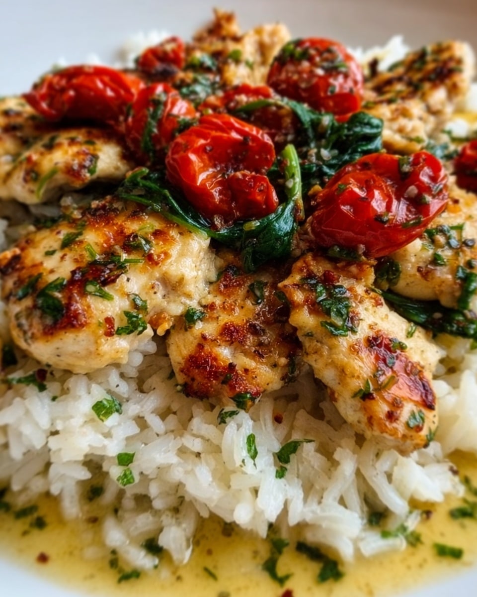 The image shows a close-up of a white plate with a serving of cooked white rice at the bottom, fluffy with a few green herb pieces mixed in. On top of the rice, there are golden-brown grilled chicken pieces with visible grill marks and herbs sprinkled on them. Roasted cherry tomatoes and wilted green spinach leaves are scattered around and on top of the chicken, adding red and green color contrasts. The sauce beneath the chicken looks light and slightly oily, giving a shiny texture to the dish. photo taken with an iphone --ar 4:5 --v 7