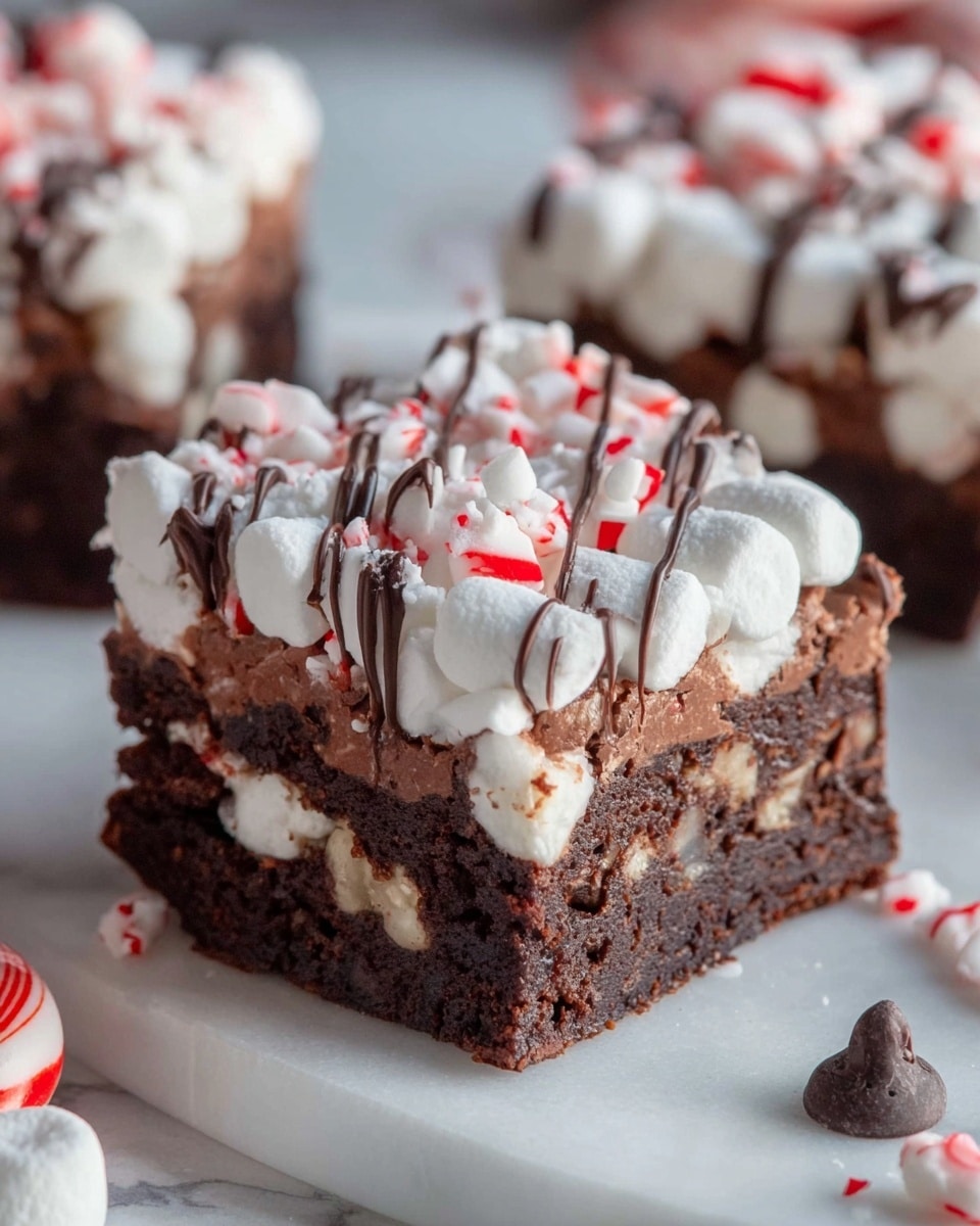 The image shows a close-up of a square chocolate dessert with three visible layers: a dark brown, dense brownie base at the bottom; a middle layer of lighter, softer chocolate mixed with white marshmallows; and a top layer covered with whole white mini marshmallows and small crushed red and white peppermint pieces. Thin, dark chocolate drizzle runs over the marshmallows on top, adding texture and contrast. The treat is placed on a white marbled surface with some scattered marshmallows, peppermint pieces, and a chocolate chip nearby, all adding to the festive look. Photo taken with an iphone --ar 4:5 --v 7