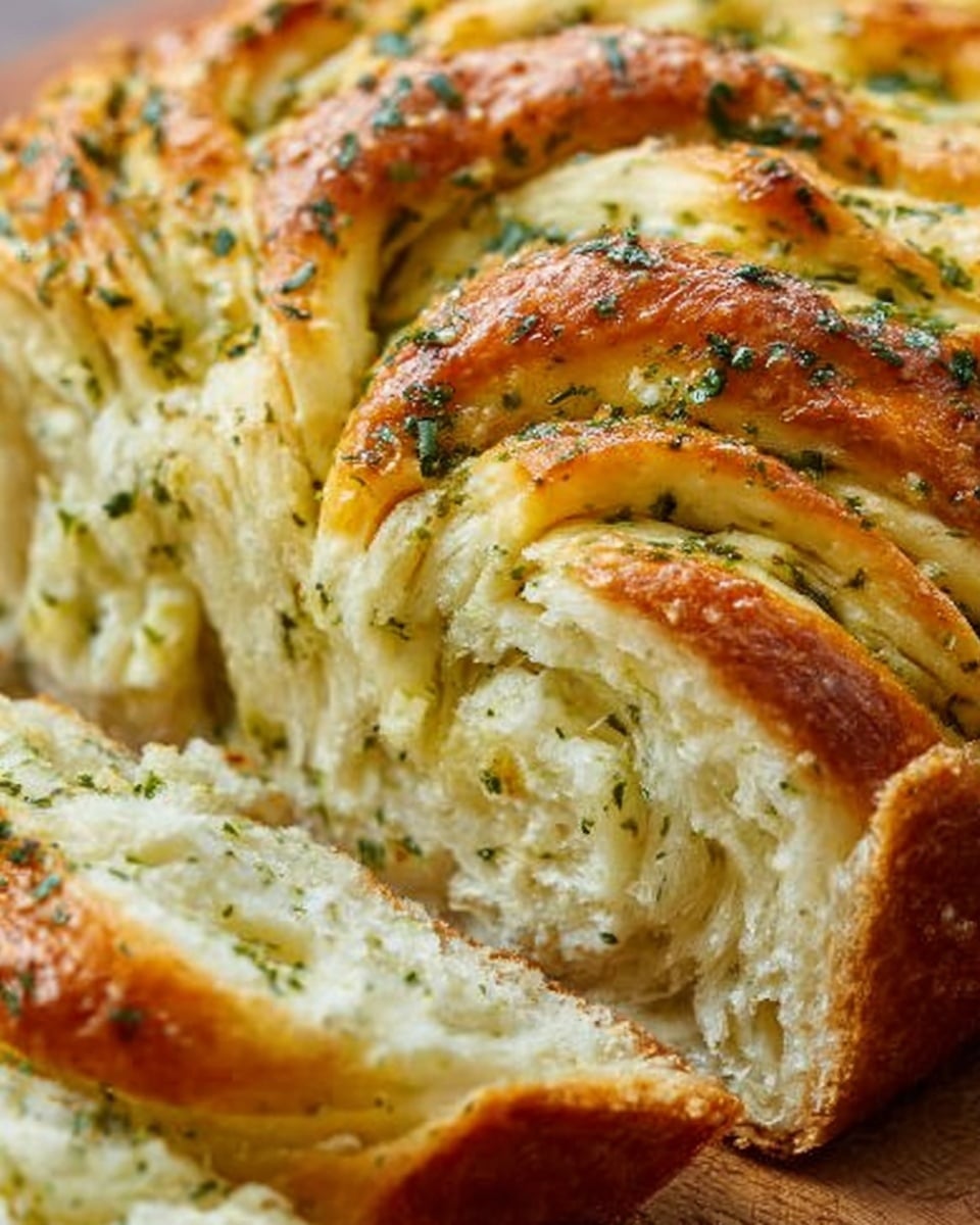 The image shows close-up bread with several twisted layers. The outer crust is golden brown and slightly shiny, with bits of chopped green herbs spread evenly on top. Inside, the layers are soft and white, with specks of green herb filling woven throughout. The bread looks fluffy and moist, with a textured surface that shows the folds and swirls of the dough. Photo taken with an iphone --ar 4:5 --v 7