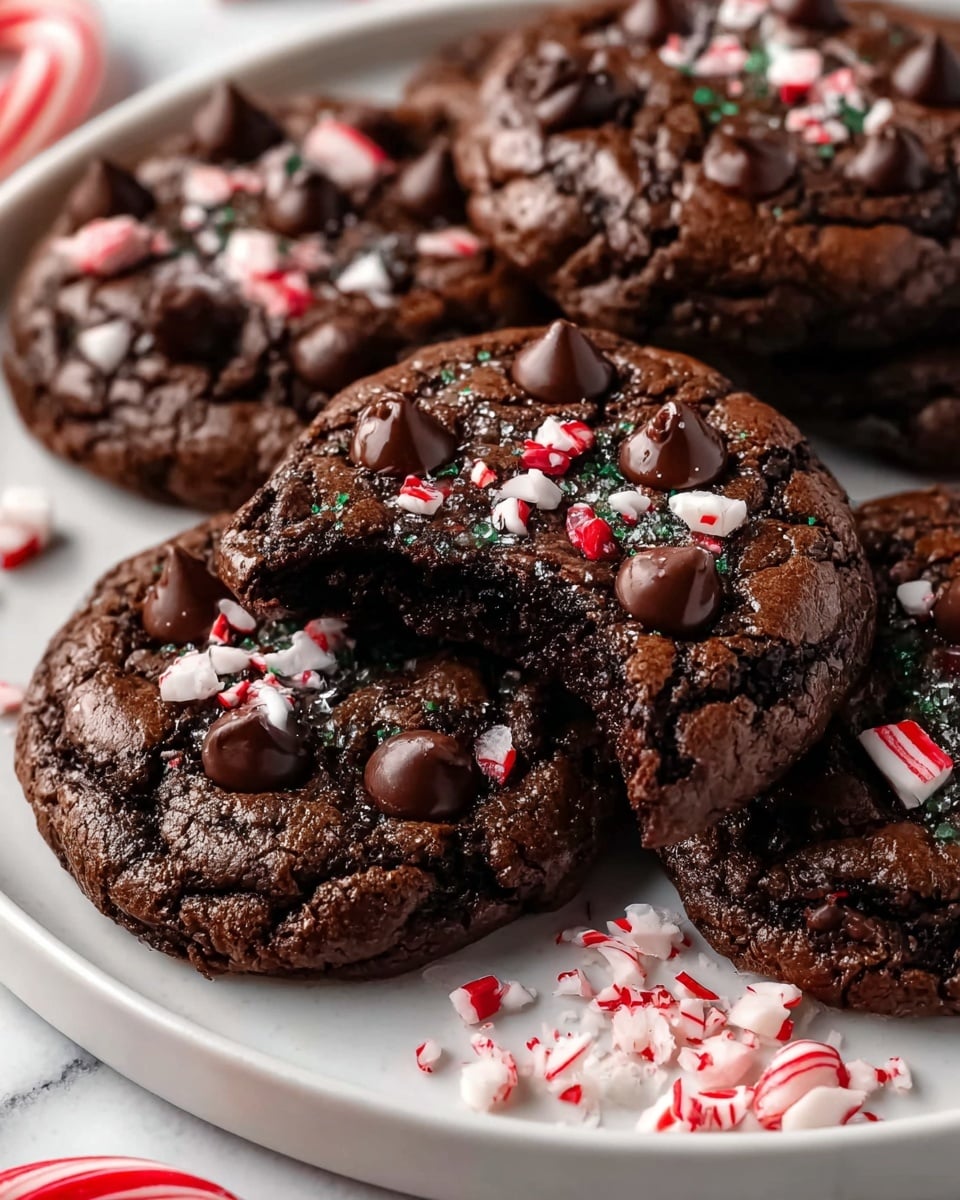 A close-up view of several thick, dark chocolate cookies with a cracked, glossy surface, each topped with glossy dark chocolate chips and small pieces of crushed red and white peppermint candies, arranged on a white plate. One cookie is in the center with a bite taken out, showing a rich, moist, and dense chocolate interior. Scattered around the plate are extra crushed peppermint pieces and a small red and white striped candy cane, all set against a white marbled texture. photo taken with an iphone --ar 4:5 --v 7